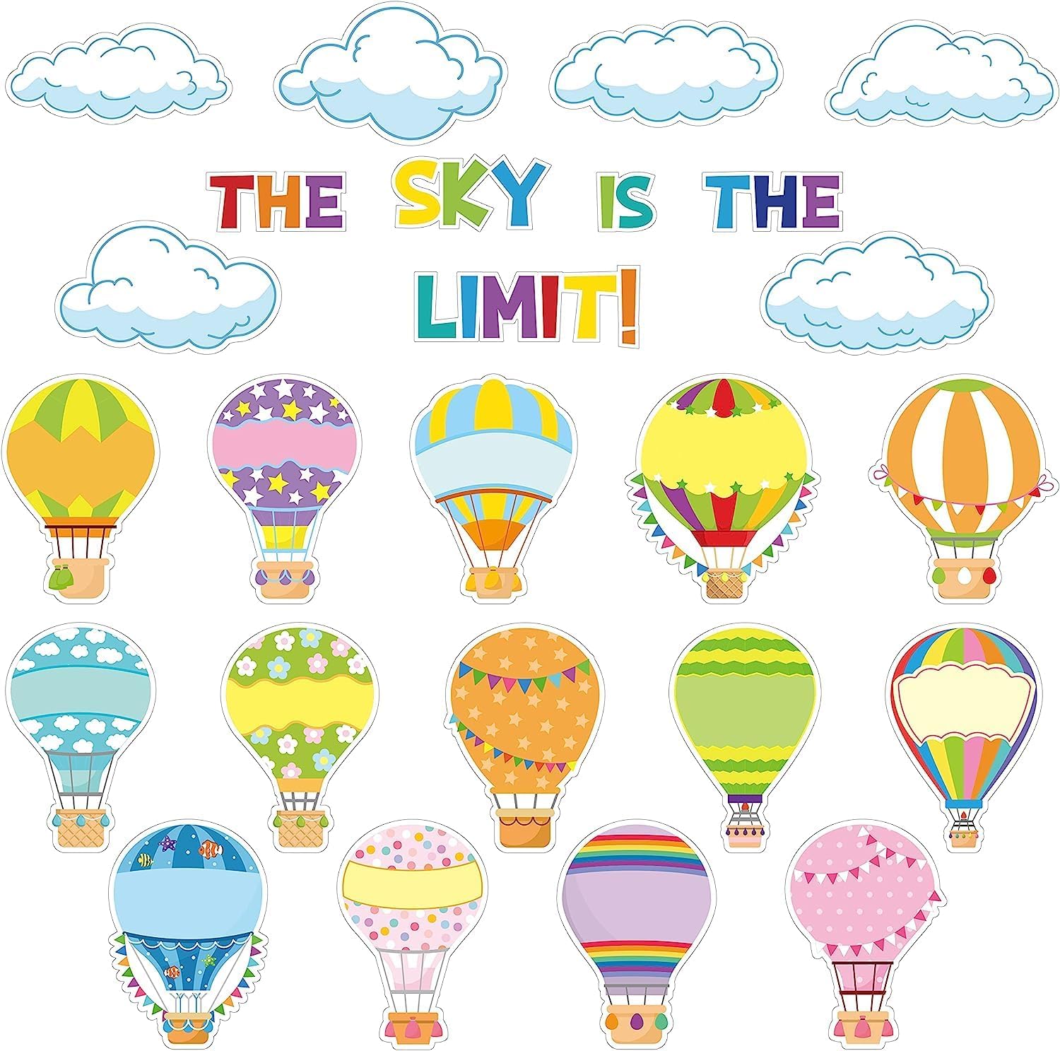 BeYumi 65Pcs Hot Air Balloon Cloud Classroom Bulletin Board Decoration Set Colorful Accents Cutouts Name Tags Labels Teacher Student Back to School Party Supplies for Elementary Preschool Kindergarten