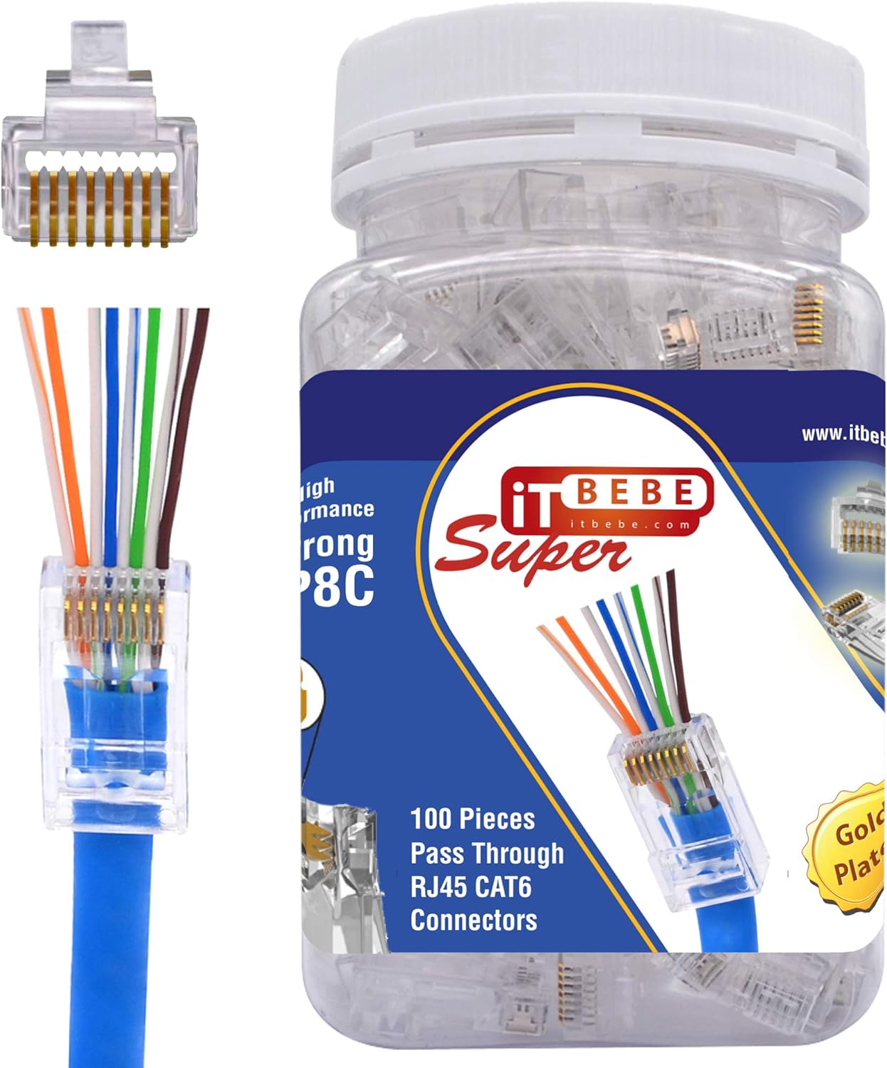 ITBEBE 100 Pieces RJ45 Cat6 Pass Through Connectors - Gold Plated Transparent Passthrough Ethernet Insert Crimp Connector UTP Network Plug for 24 AWG Cables – Works for Both Solid and Stranded Cables