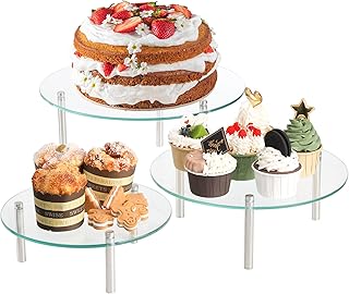 Hacaroa 3 Pcs Tempered Glass Cupcake Stands, 9,11,12.6 Inch Round Food Display Stand Clear Retail Risers for Cakes, Desserts, Pastries, Appetizers