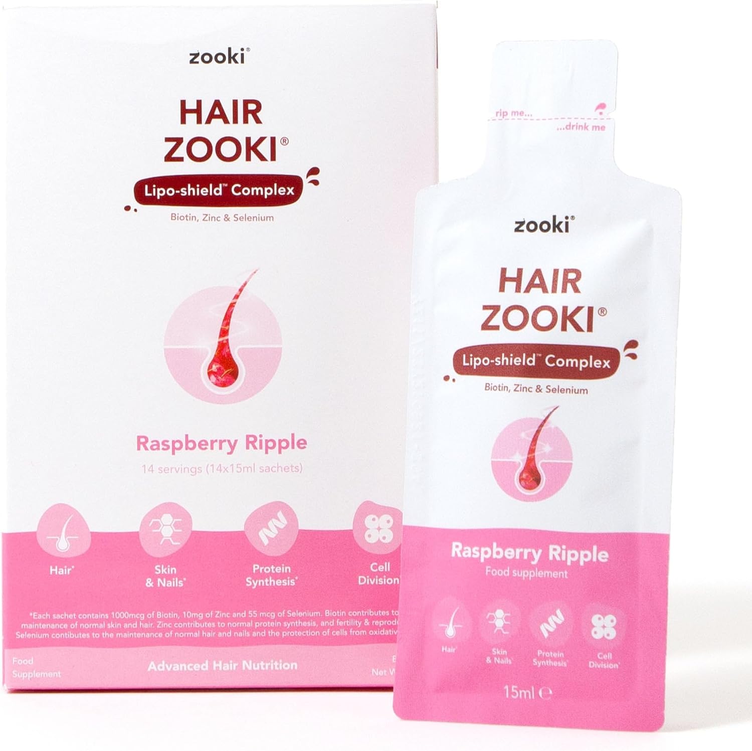 HairZooki® High Strength Biotin, Zinc & Selenium Wrapped in Lipids for Maximum Absorption | Alcohol Free, Vegan, Soy Free, Natural Ingredients | Support Hair, Skin & Nail (Raspberry, 14 Servings)