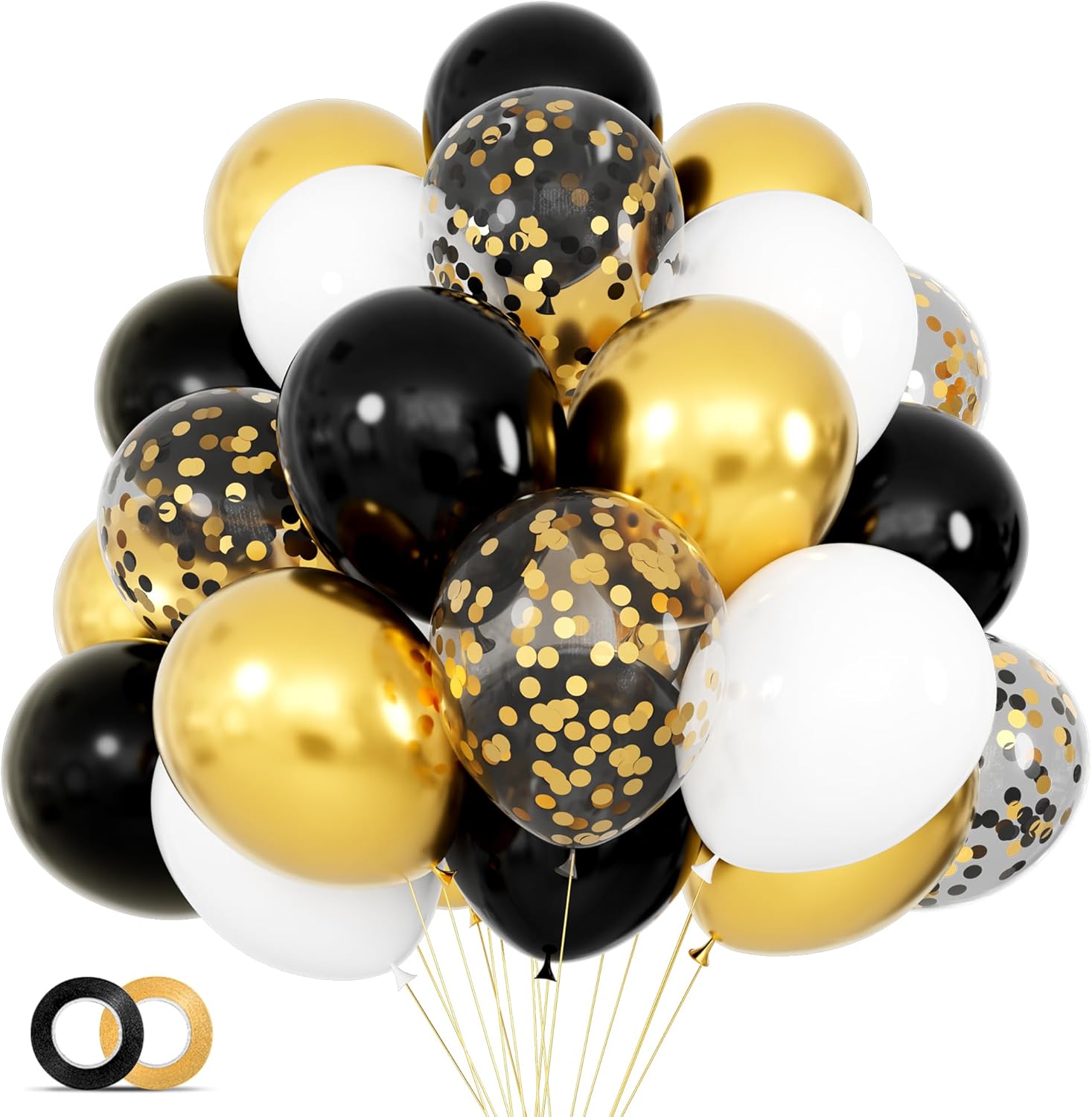 68Pcs Black White Gold Balloons with 12 Inch Black Gold Confetti Balloons for Graduation Birthday Wedding Party Decorations