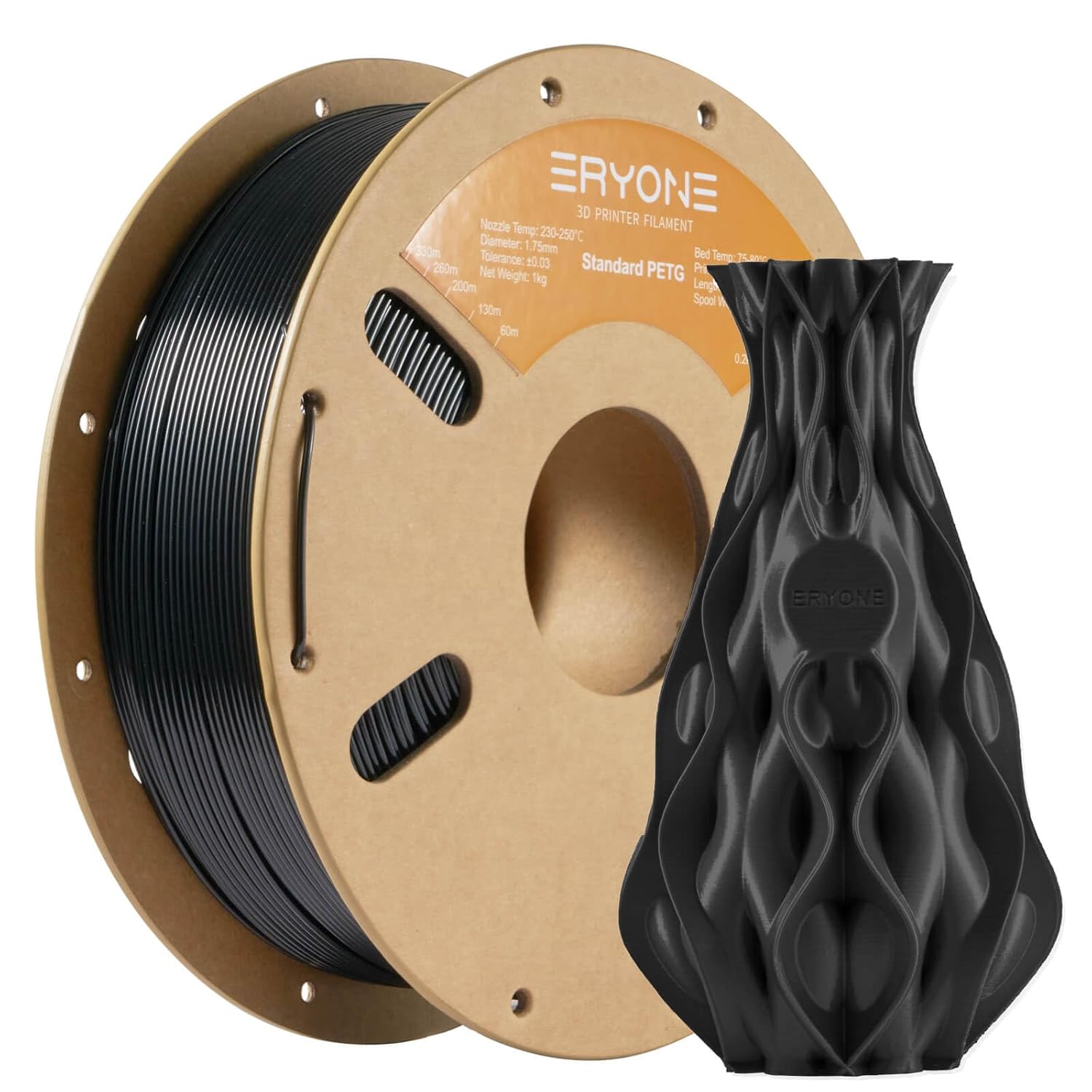 ERYONE PETG Filament 1,75 mm, 3D Printer Filament PETG, +/- 0,03 mm, 1 kg/Spool, Black