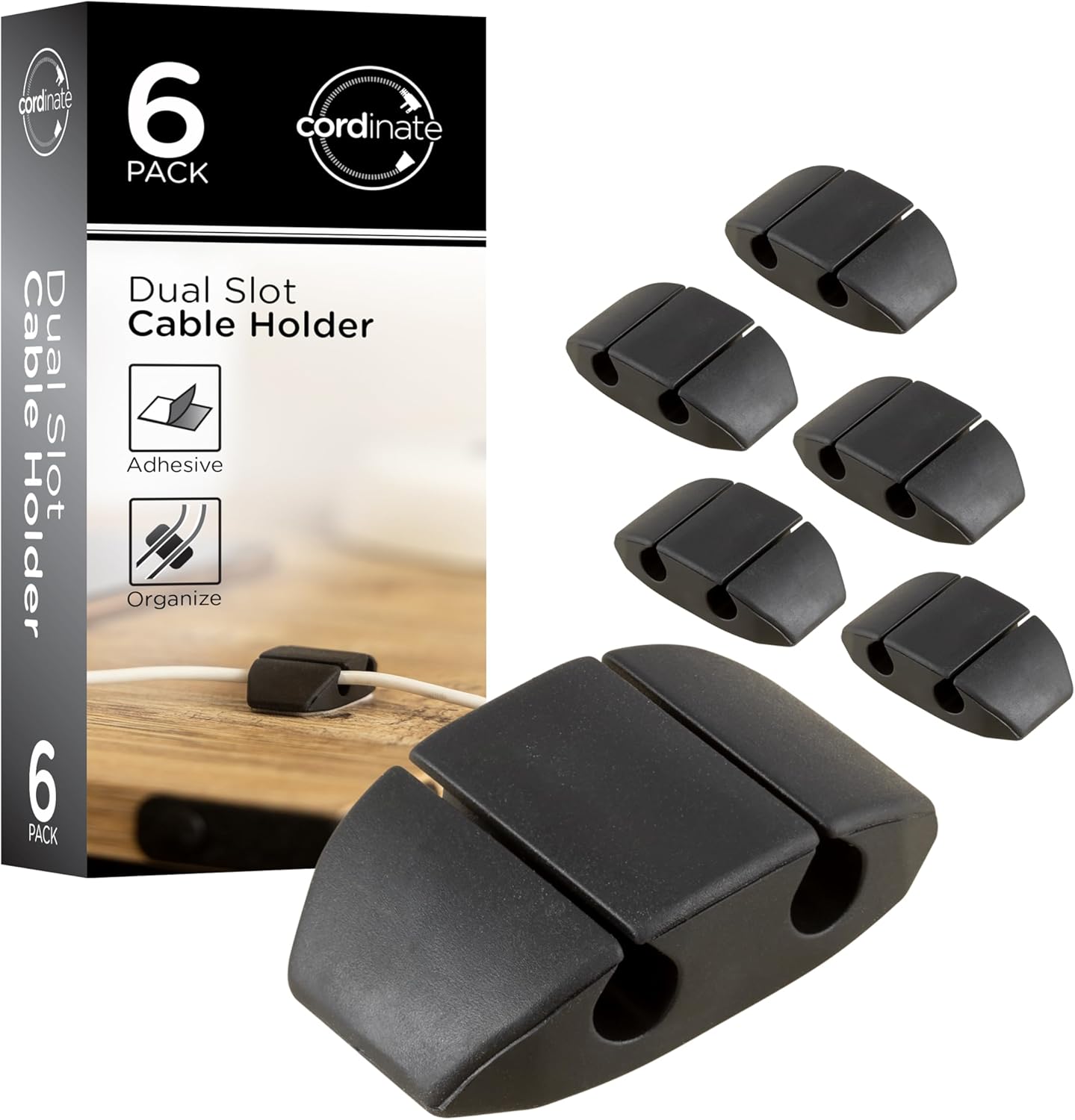 Cordinate Dual Slot Cable Management Dots, Cord Organizer Cable Holder Clips, Desk Cable Management Cable Organizer, Charging Cable Holder for Nightstand, Desk Cable Straps, 6 Pack, Black, 46091-RF1