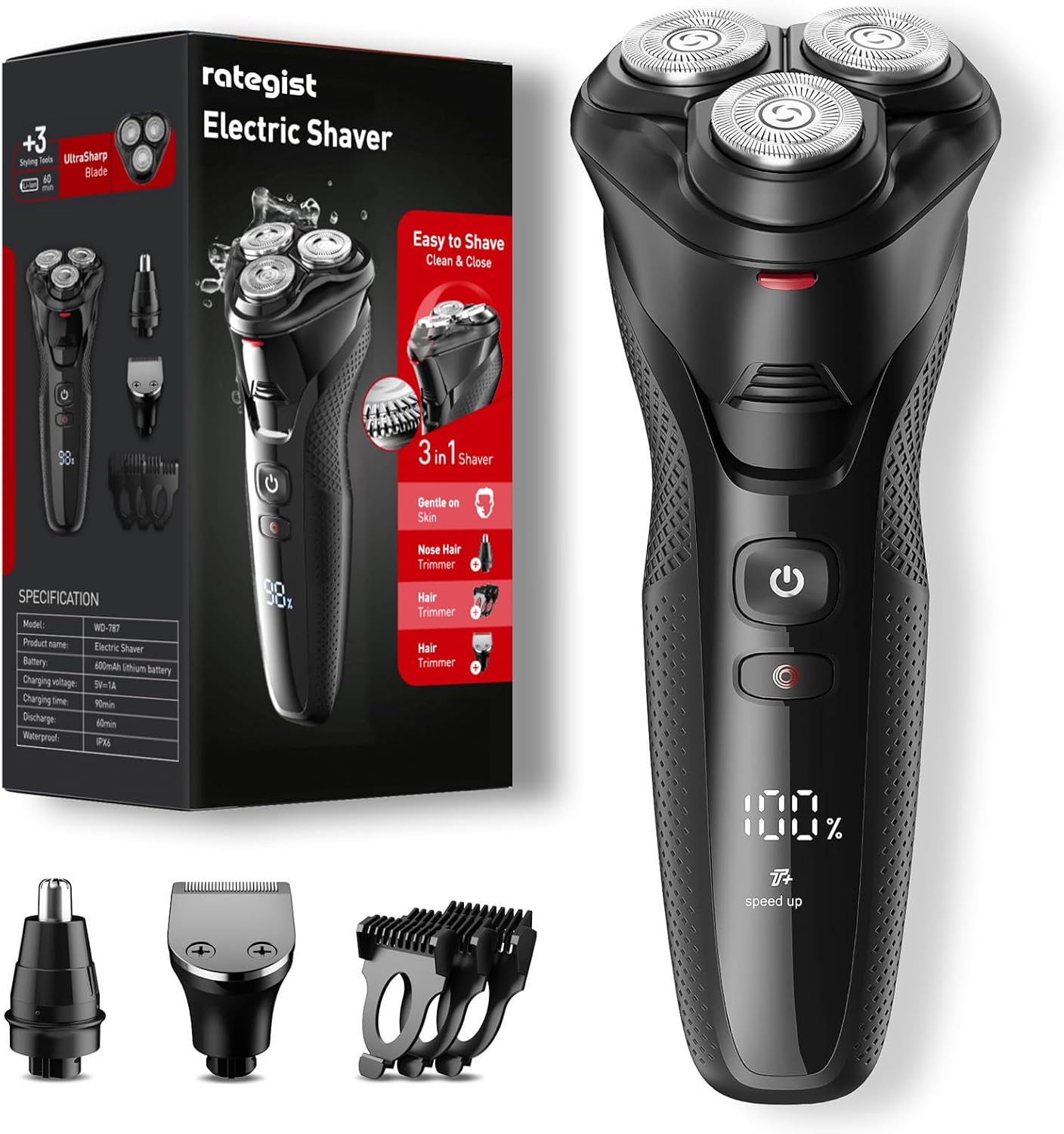 Cordless Electric Razor for Men: 3-in-1 Shaver for Beard/Nose/Sideburns -Turbo Speed & Precision Blades - IPX7 Waterproof Travel Kit - Deep Grey
