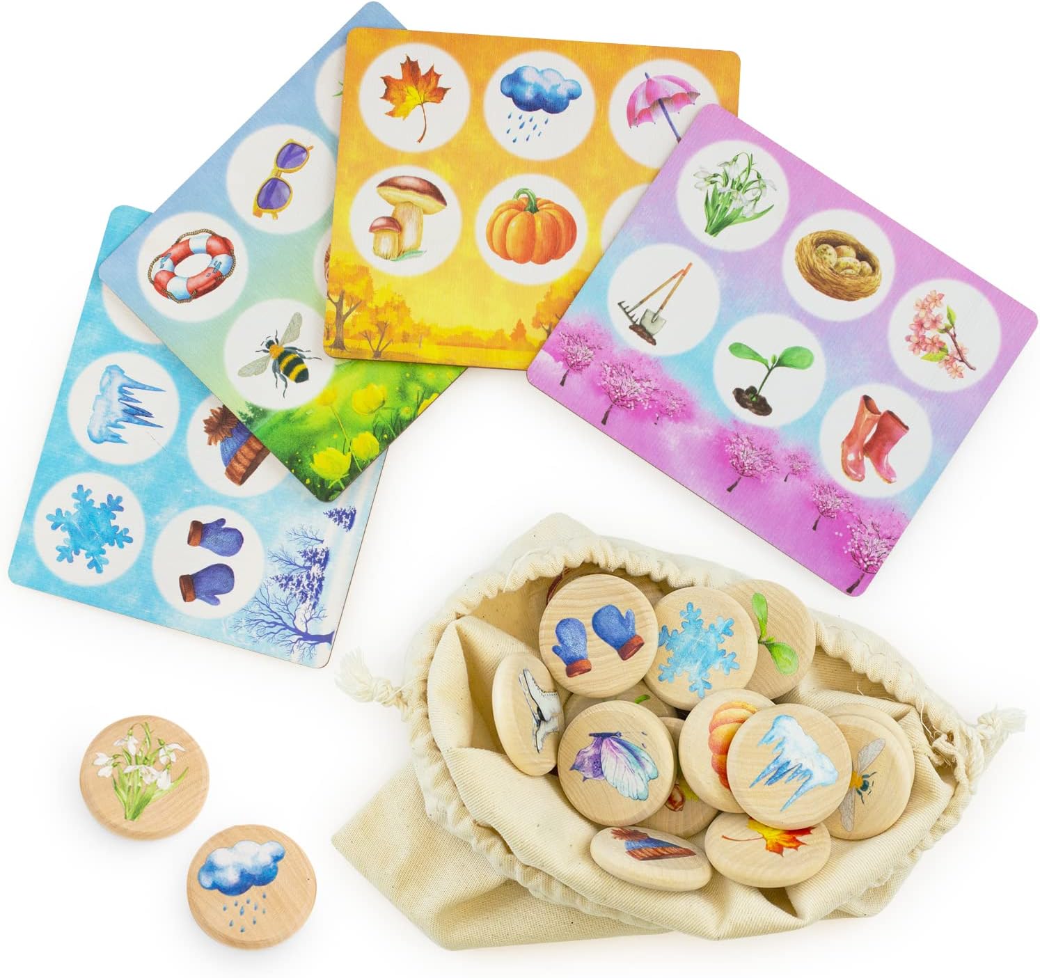 Ulanik Seasons Bingo Board Games for 3 Year Olds, Wooden Board Games for Kids 4-6 4-8, Matching Games for Toddlers 3-5 Preschool Learning Activities — 24 Bingo Chips