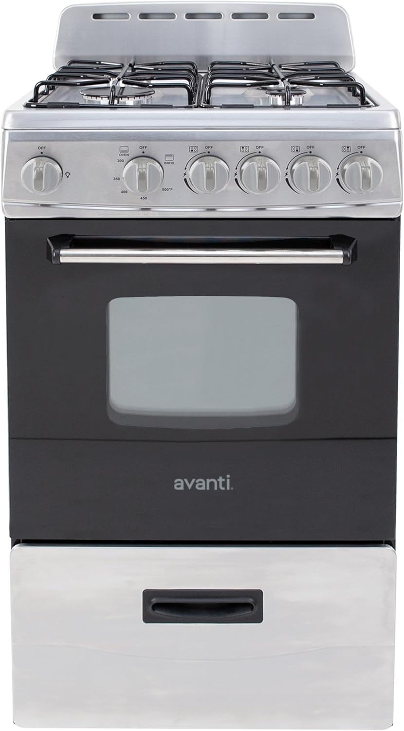 Avanti GR2013CSS Gas Range Oven Compact Freestanding Design, 4 Sealed Burners with Electronic Ignition, 2.1 Cu.Ft. Capacity Features Storage Drawer Broiler and Accessories, 20-Inch, Black