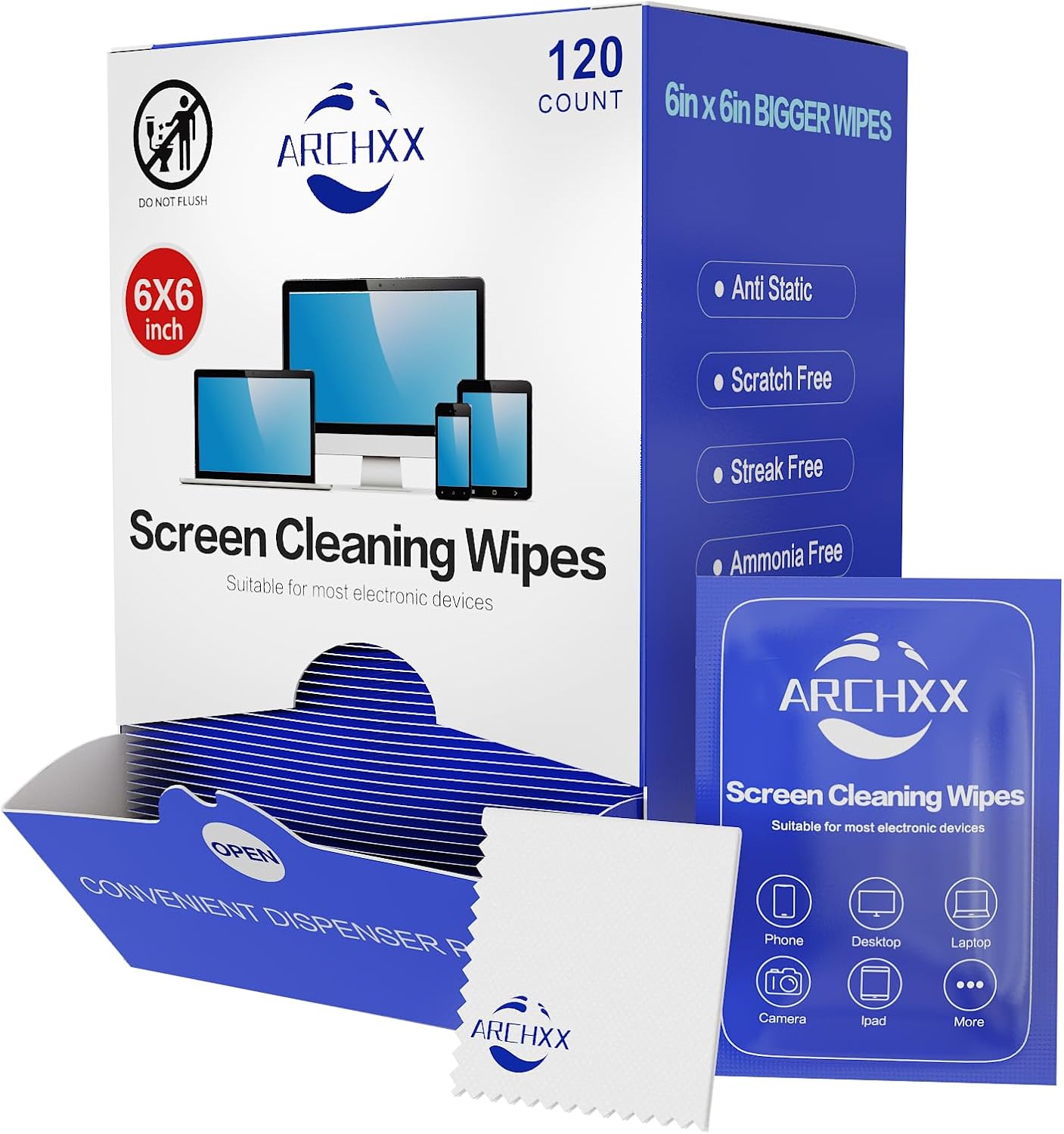 Screen Wipes for Electronics, 120 Count 6"x6" Pre-Moistened Screen Cleaner for Screens, Computer,Laptop,Tablet,Phone,Monitor,Car Screen Cleaner, Lens Wipes Individually Wrapped