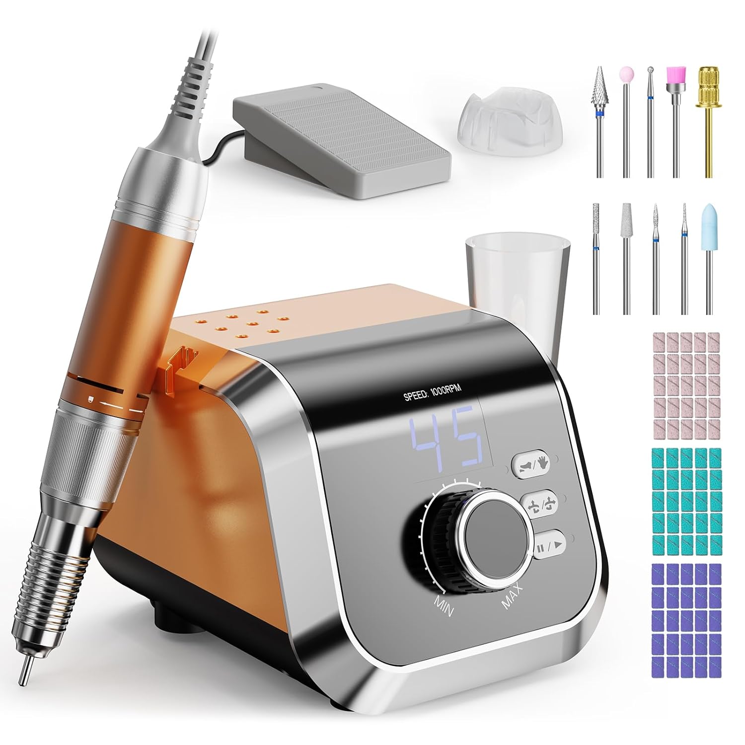 Professional Nail Drill with Foot Pedal, Nail E File 45000 RPM Speed, Electric Nail Filer for Acrylic Nails, F/R Rotation, 65W Power, Quite Nail Drill Machine for Women Orange