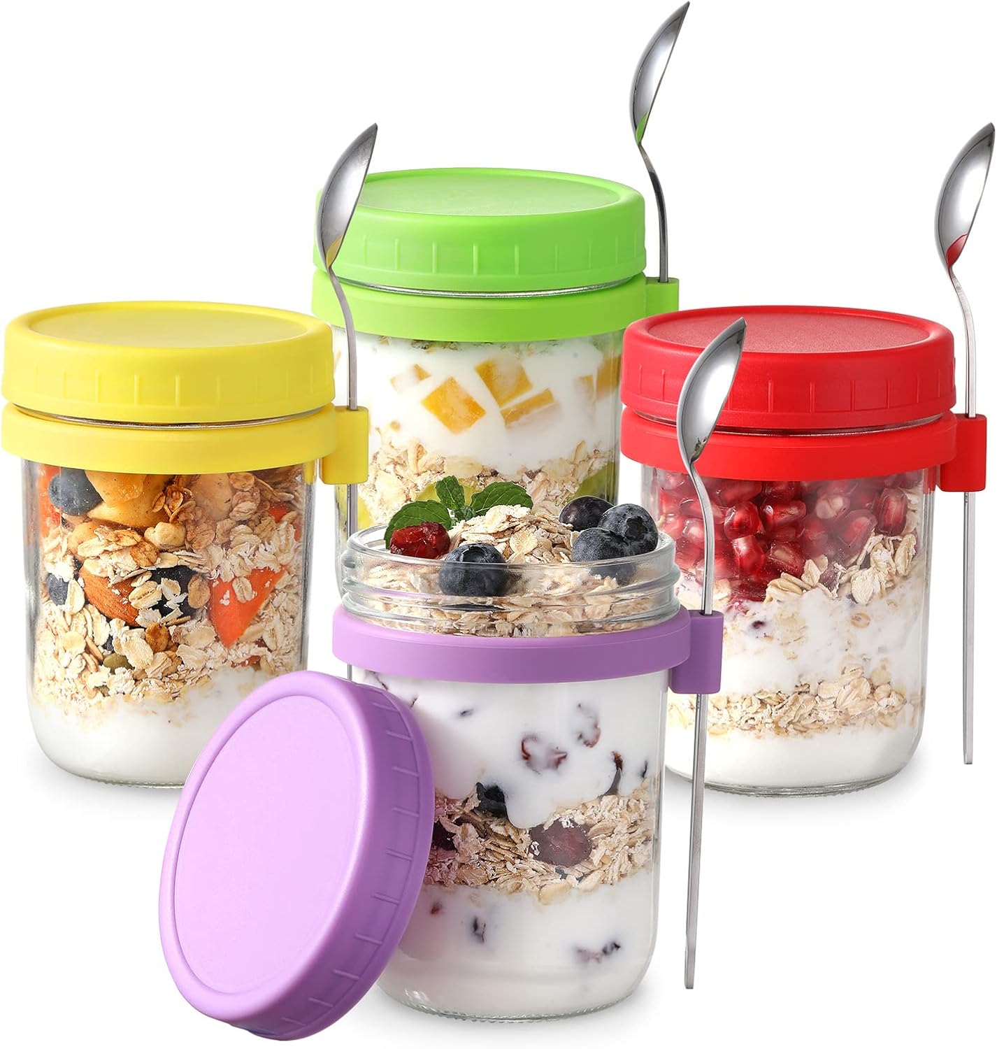 LANDNEOO 4 Pack Overnight Oats Containers with Lids and Spoons, 16 oz Glass Mason Overnight Oats Jars, Large Capacity Airtight Jars for Milk, Cereal, Fruit
