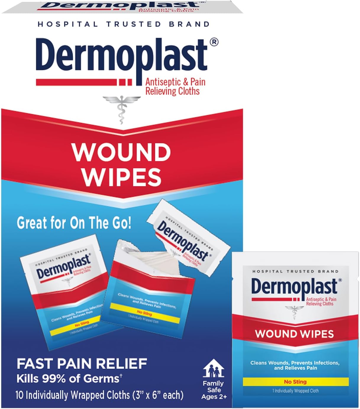 Dermoplast Wound Wipes, Medicated Antiseptic Wipes, First Aid Cloths, Analgesic for Minor Cuts, Scrapes and Burns on The Go, Sting Free Formula, 10 Individual Cloths (Packaging May Vary)
