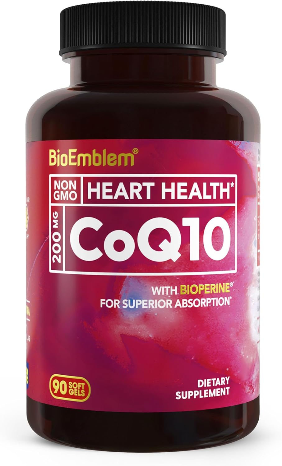 BioEmblem CoQ10 with BioPerine - 200mg Softgels, Superior Absorption - Coenzyme Q10 Antioxidant for Energy Production, Heart Health - Natural Form, Non-GMO CoQ10 Supplement - 90 Count