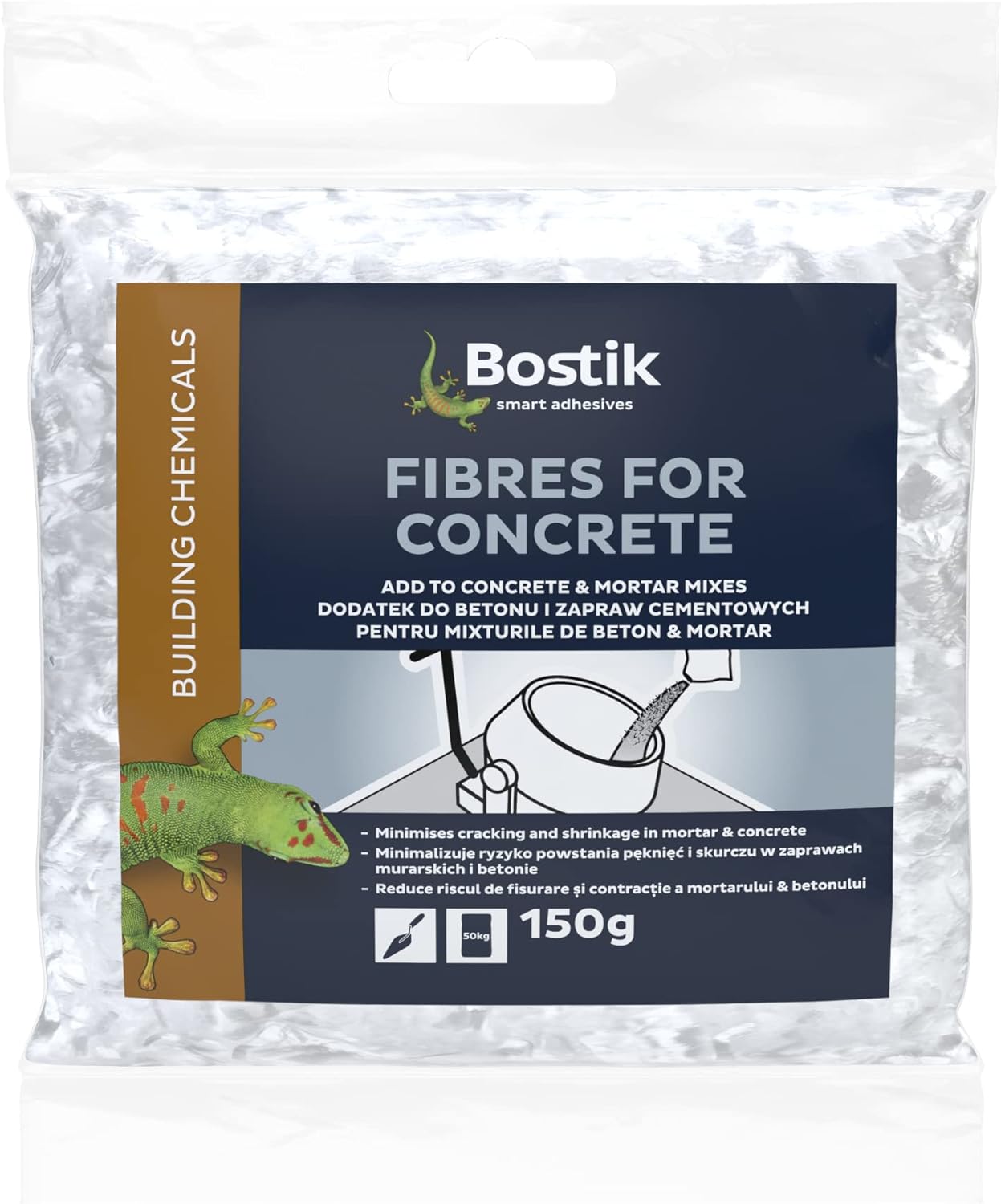 Bostik Fibres for Concrete, Minimise Cracking and Shrinkage, and Improve Freeze/Thaw and Impact Resistance of Mortar and Non-Structural Concrete, 150g