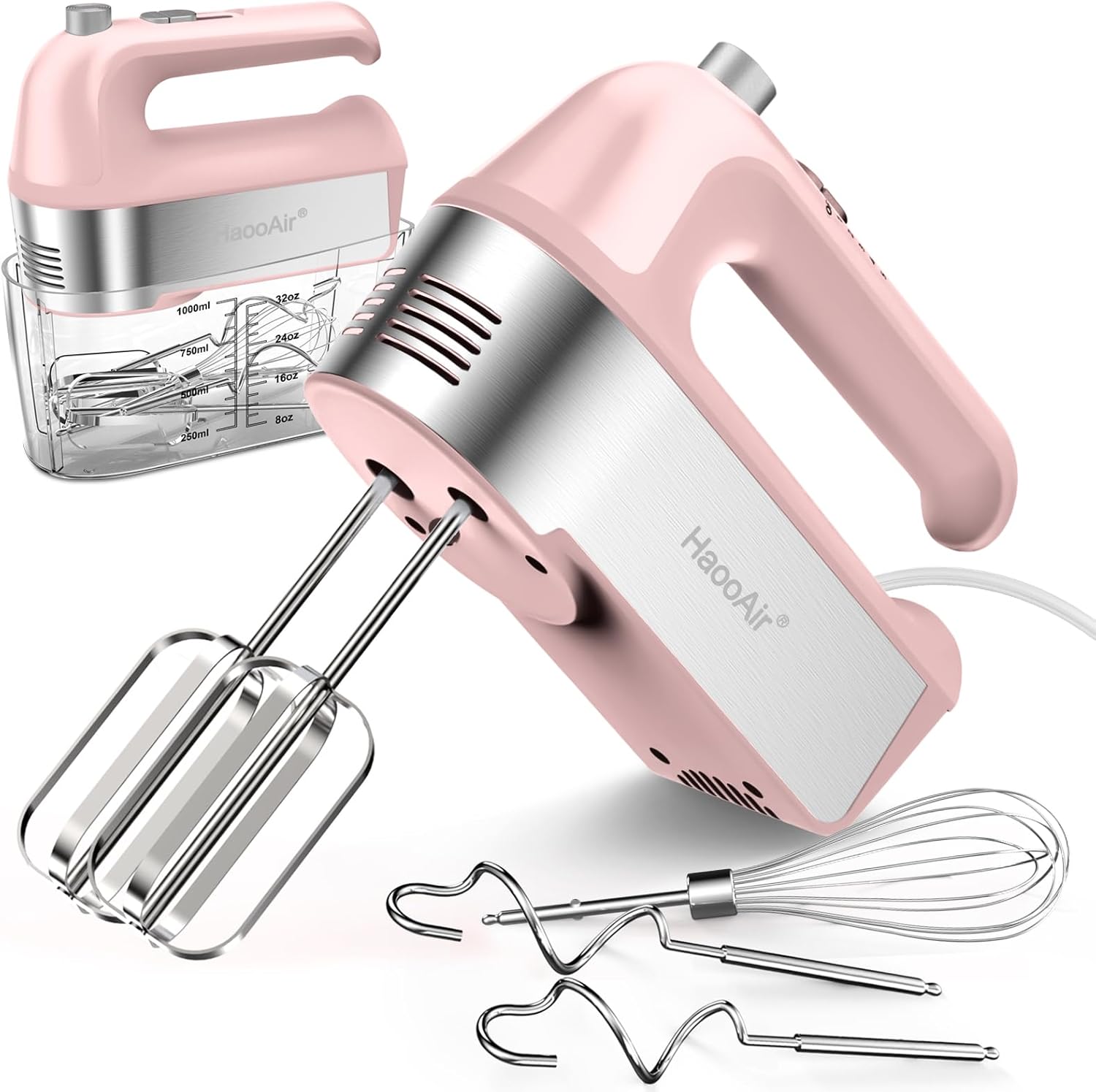 HaooAir 450W Electric Hand Mixer, 5 Speed Handheld Mixer with Scale Cup Storage Case, 5 Stainless Steel Accessories, Turbo Boost, Eject Button, Kitchen Mixer Food Mixer for Baking