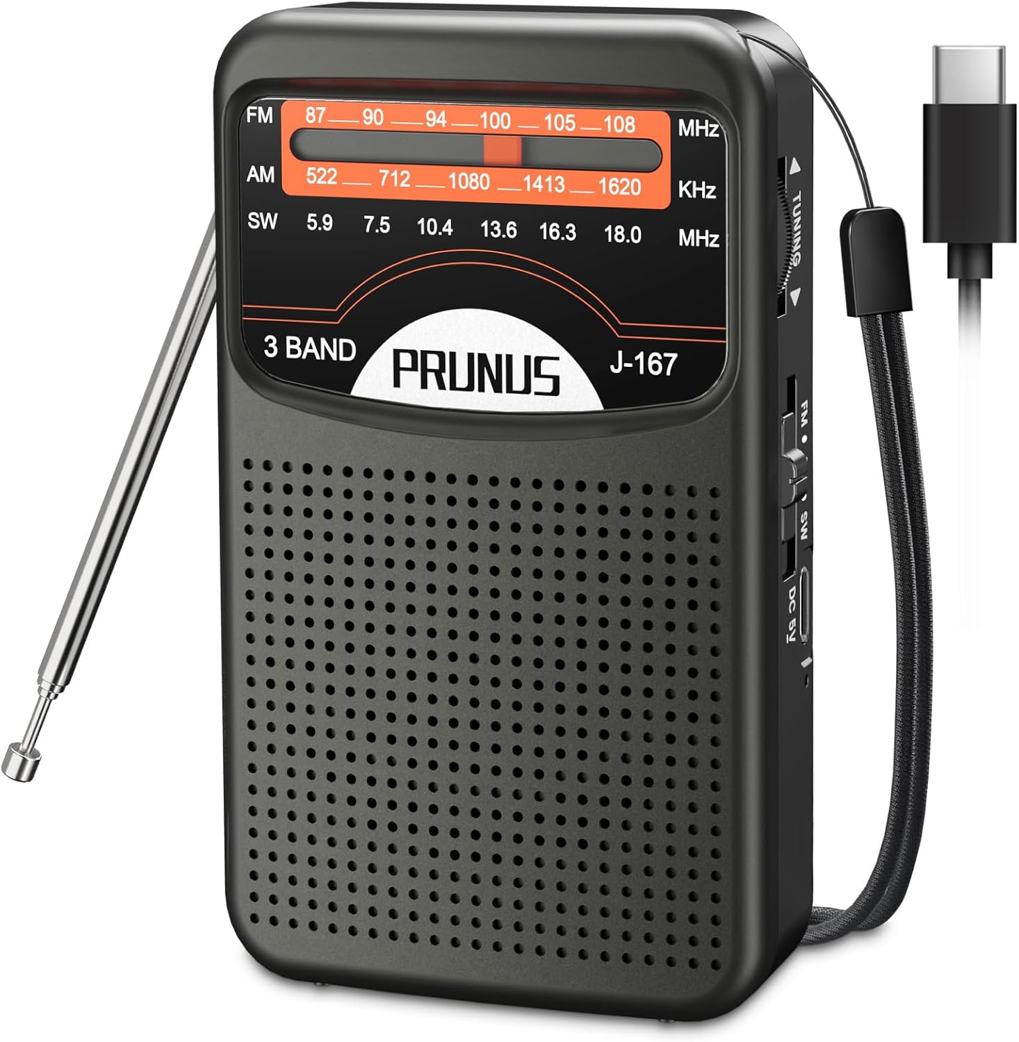 PRUNUS J-167 AM/SW/FM Small Radio Portable with Rechargeable Battery, Excellent Reception, Mini radio with USB-C Charging, Support for Headphone Jack, Perfect for Elderly Use