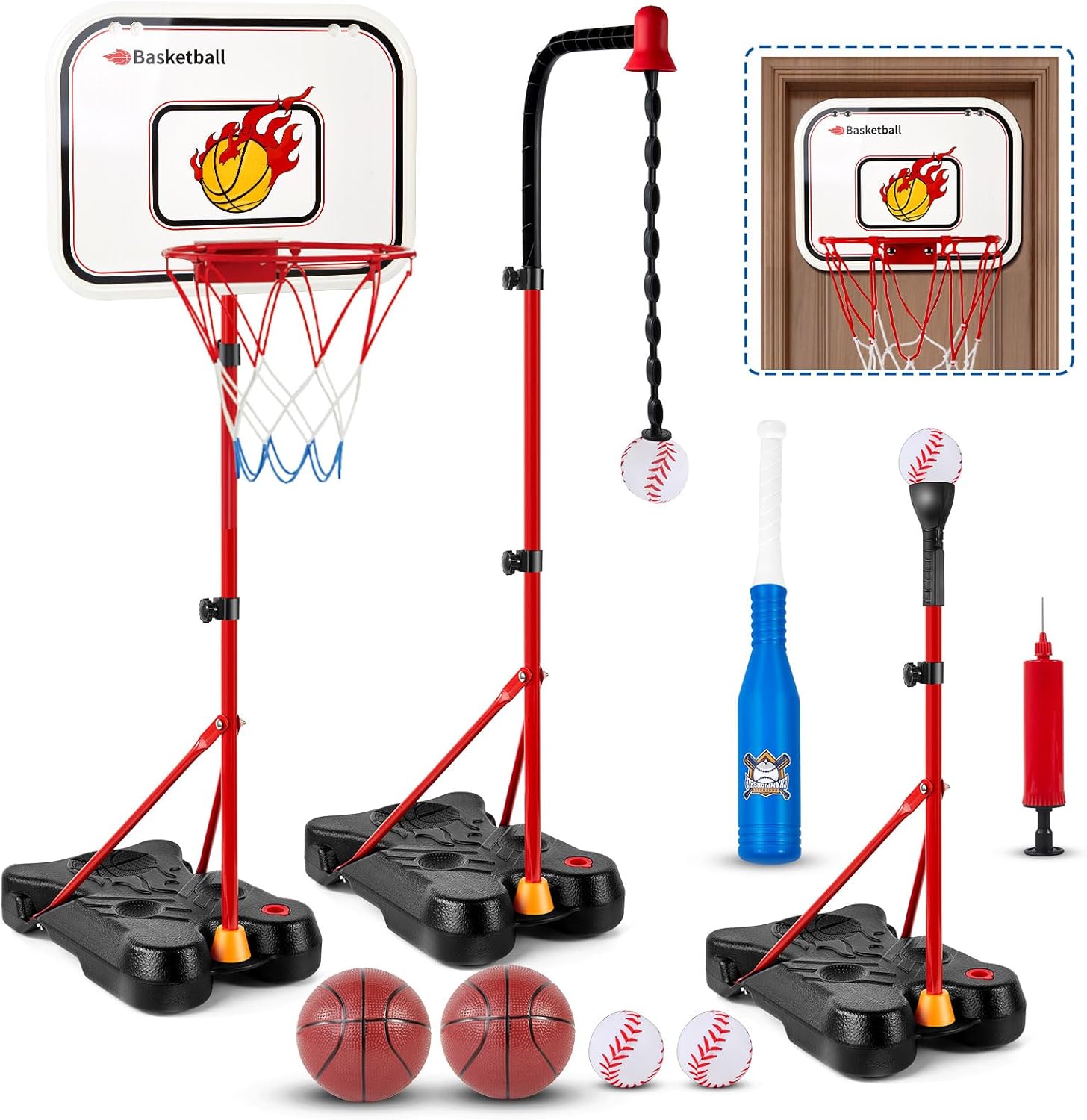 4 in 1 Toddler Basketball Hoop and T Ball Set, Adjustable Height Kids Basketball Hoop Hanging Tee Baseball Indoor Outdoor Sport Toys Gifts for Kids Boys Girls Ages 3 4 5 6 7 8 Years Old
