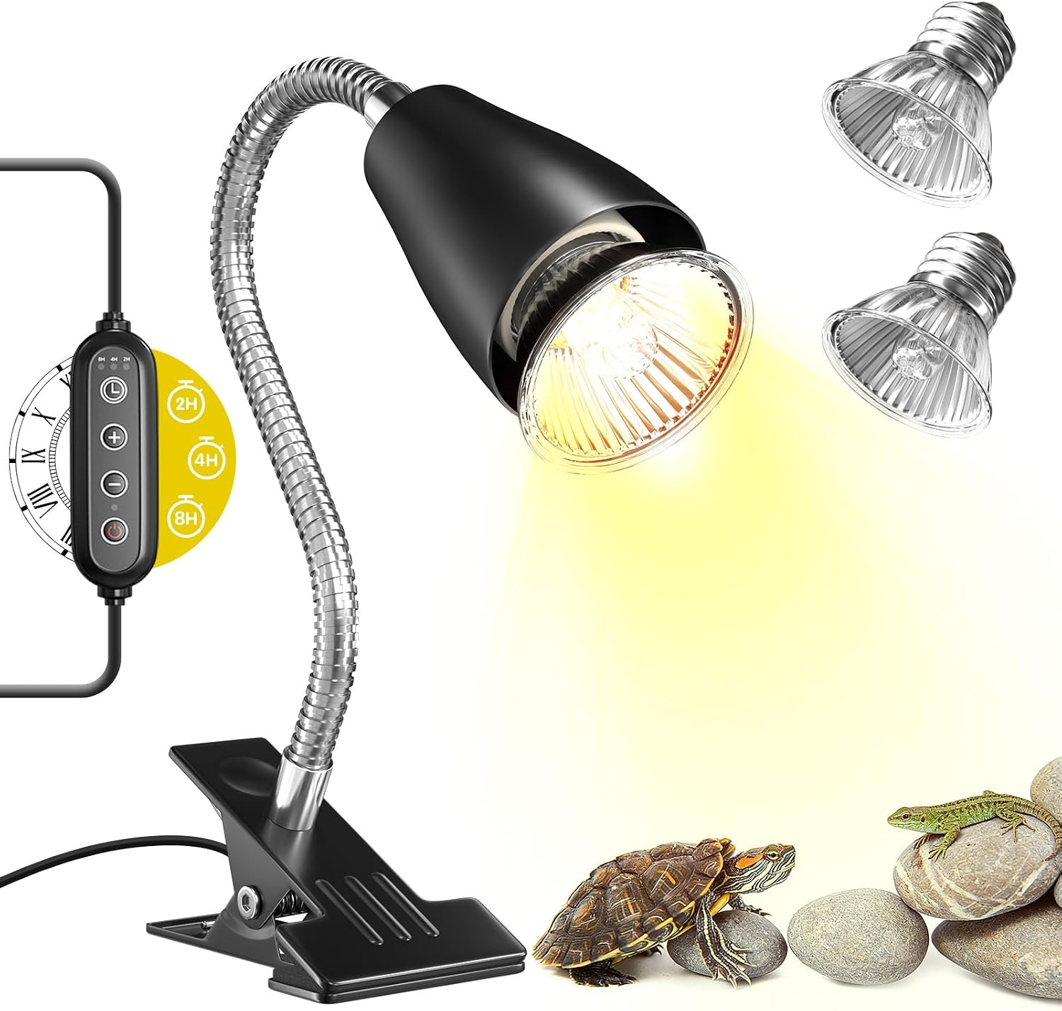 GlowUp Tortoise Heat Lamp with Cycle Timer,360° Rotatable Reptile Heat Lamp with 2Pack 50W UVA/B Heat Bulb,4 Level Brightness Basking Light Fixture with Clamp for Turtle,Lizard,Bearded Dragon,Chick