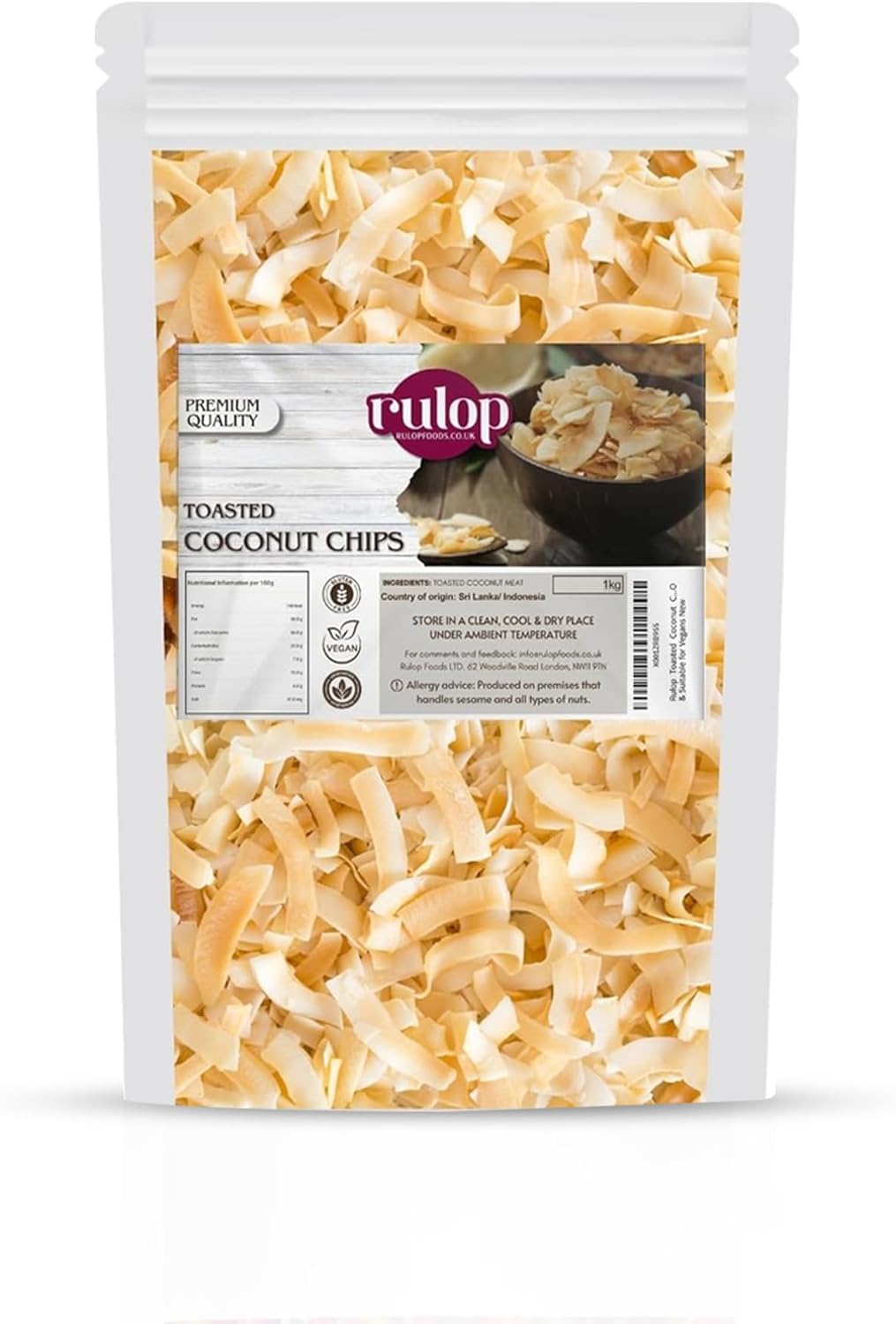 Rulop Toasted Coconut Chips 1kg, Natural Dried Toasted Coconut Flakes, Non GMO & Suitable for Vegans, Resealable Pouch to Maintain Freshness