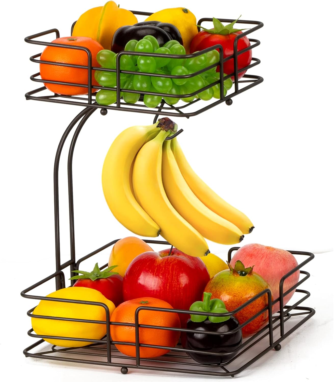 Auledio 2-Tier Square Countertop Fruit Vegetables Basket Bowl Storage With Banana Hanger, Brone