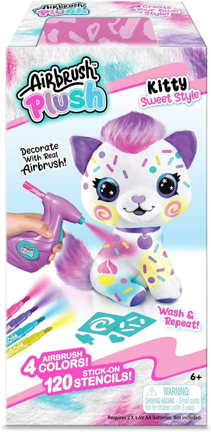Canal Toys Personalize Airbrush Plush Large Kitty! Decorate, wash, Repeat! Customize Your own Spray Art Plush with Markers, Battery Powered Airbrush and 100+ Stencils. Ages 6+