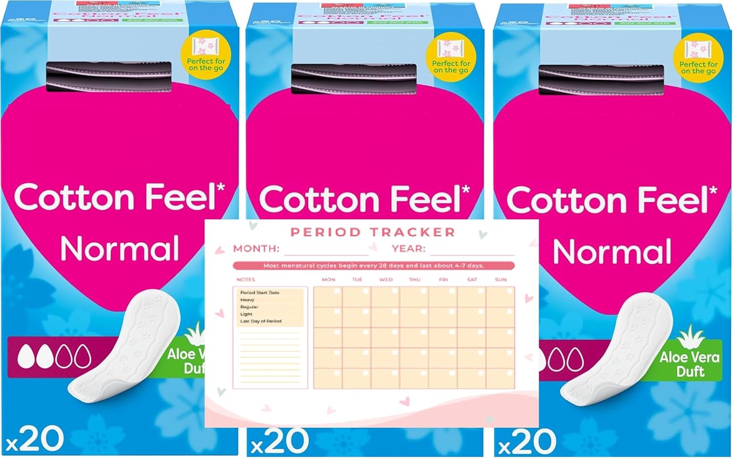 Cotton Feel | Aloe Vera Scented | Panty Liners Breathable | 3 x 20 Each | 60 Pantyliners in Total | Sanitary Towels | Long Lasting | Pads…