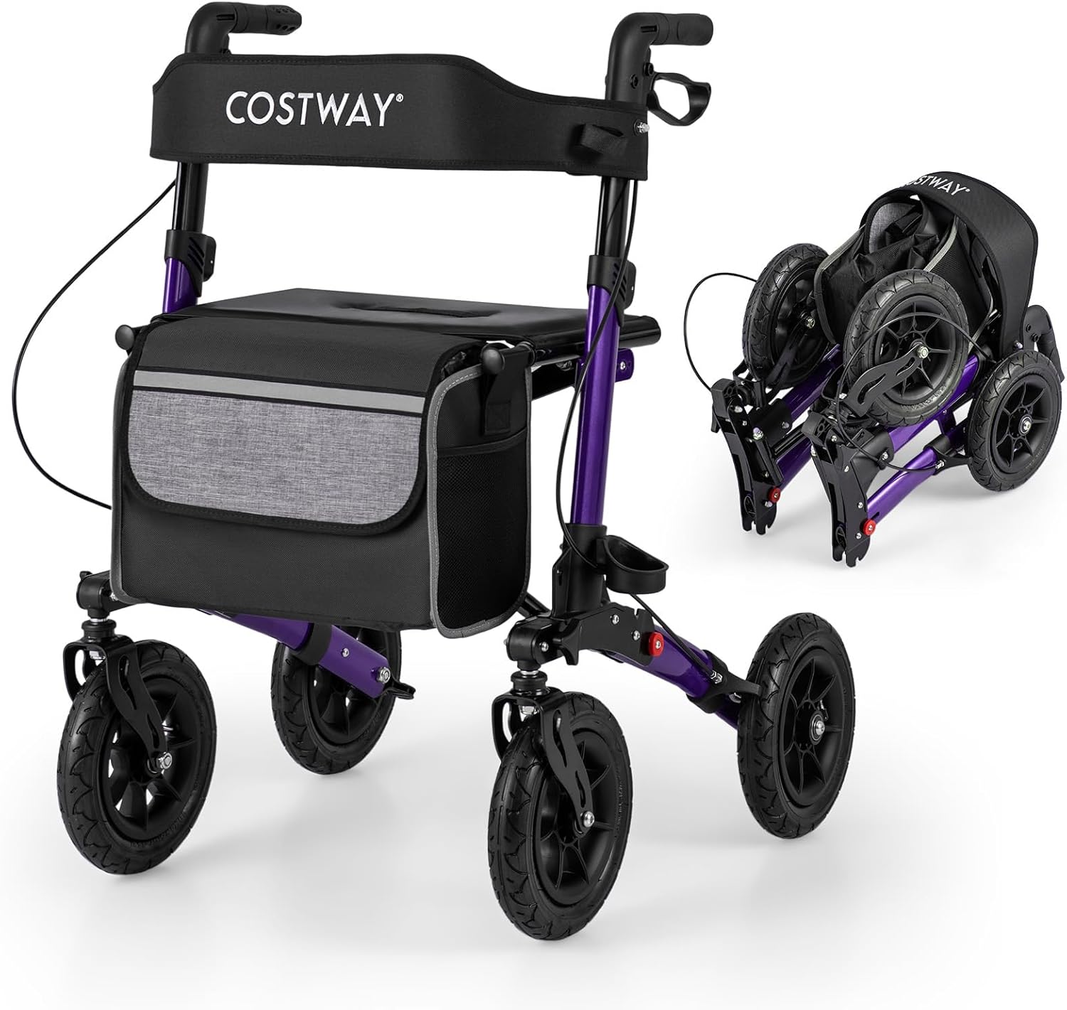 COSTWAY Folding Rollator, Height Adjustable Rolling Walker with Seat and 9" All Terrain Pneumatic Tires, Lightweight Walking Aid Frame for for Elderly & Disabled, 140 KG Weight Capacity (Purple)