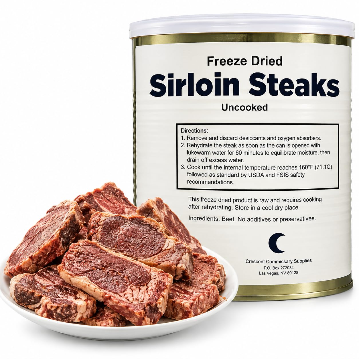 Military Surplus Freeze-Dried Uncooked Sirloin Steaks 13 oz, Emergency Food Supply, #10 Size Can, Long-Term Storage, 30 Year Shelf Life, Survival Food, Camping, Easy Prep, Made in USA, Pack of 1