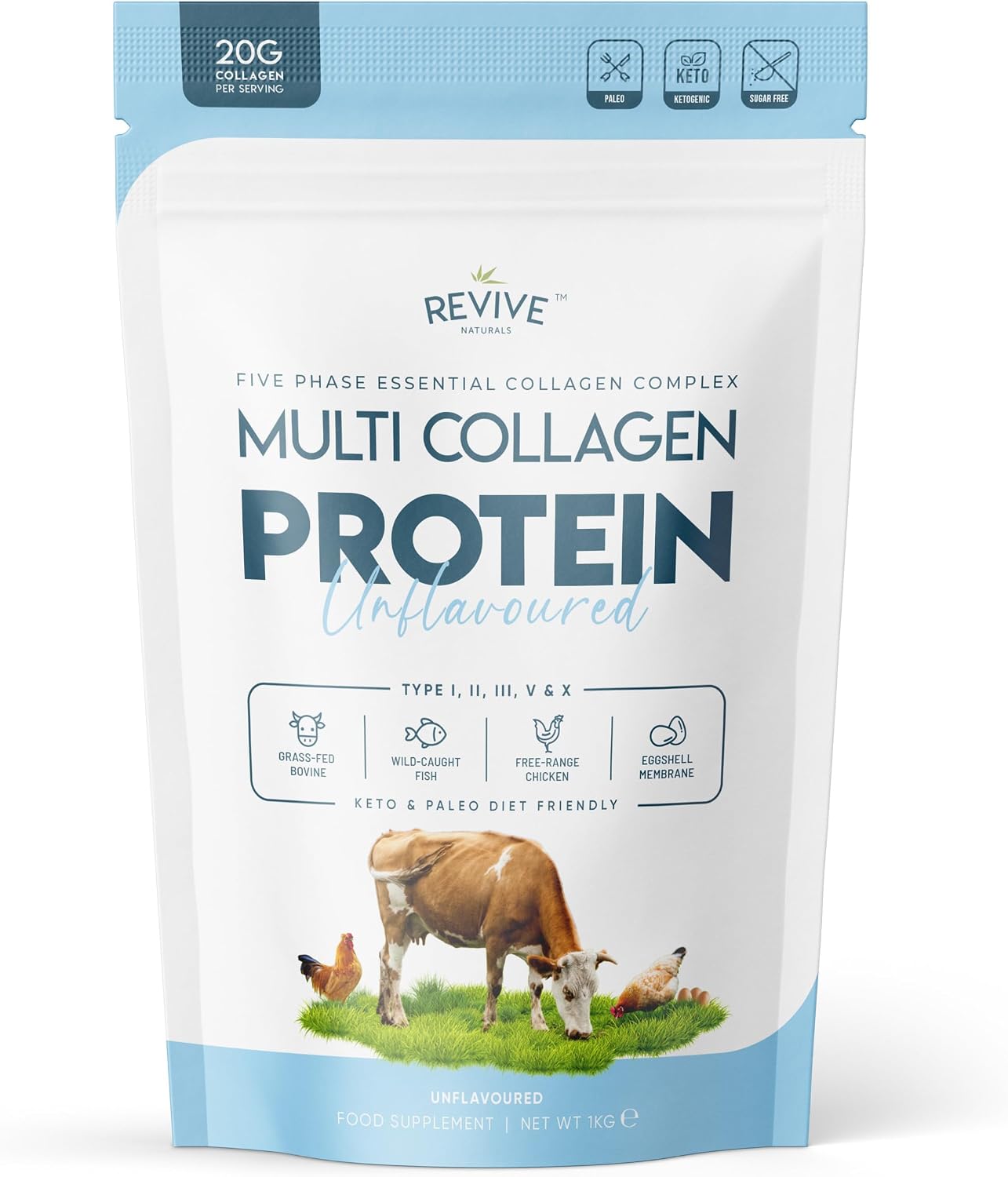 Multi Collagen Protein Powder (1kg) - Types I, II, III, V & X - Hydrolyzed Grass Fed Bovine, Wild Caught Fish, & Free-Range Chicken & Eggshell Collagen by Revive Naturals