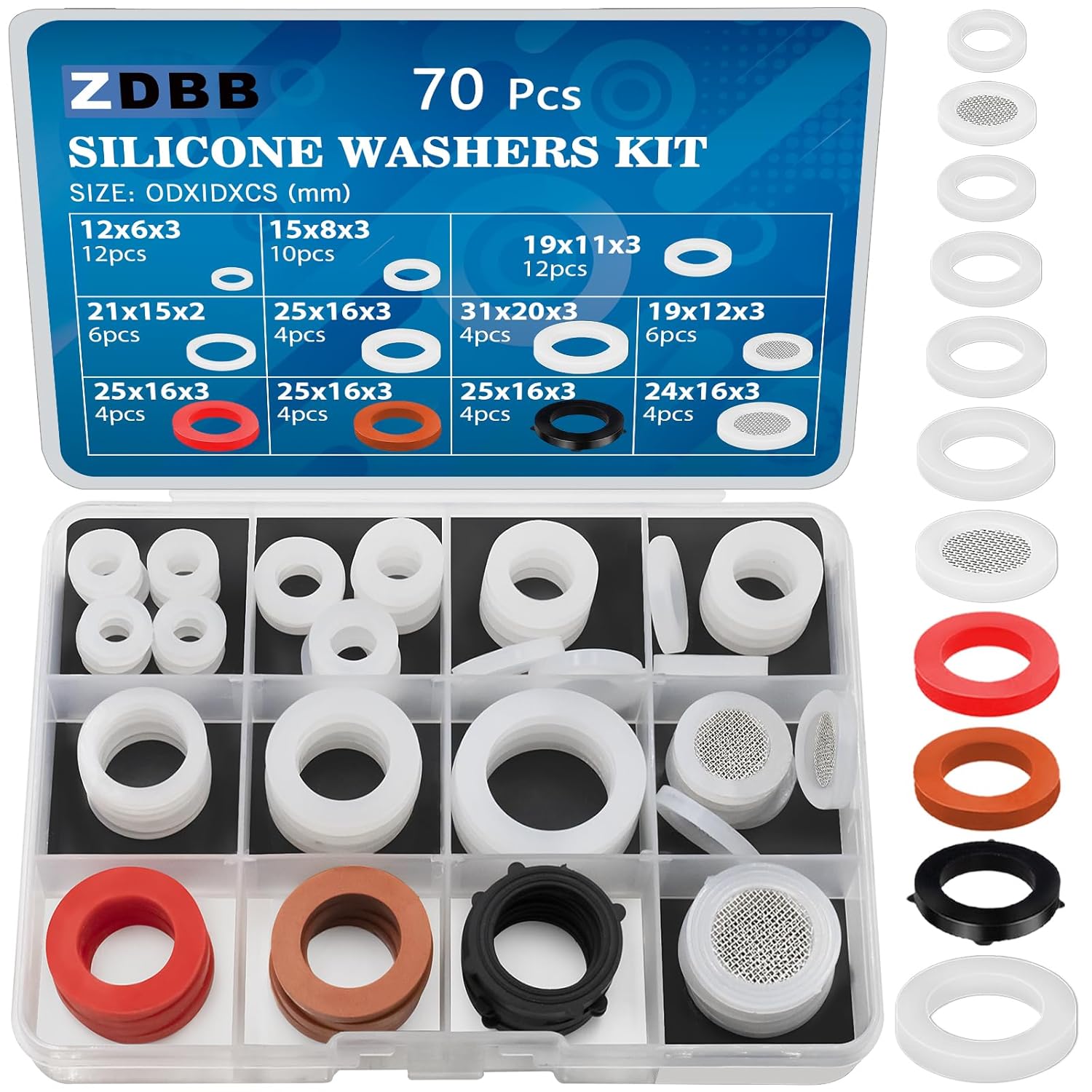 70 Pcs Plumbing Silicone Gasket Assortment Kit VMQ Silicone Washer Food Grade for Assorted Shower Head Garden Hose High Temperature Hot Plumbing Pipes Fittings Seal Repair