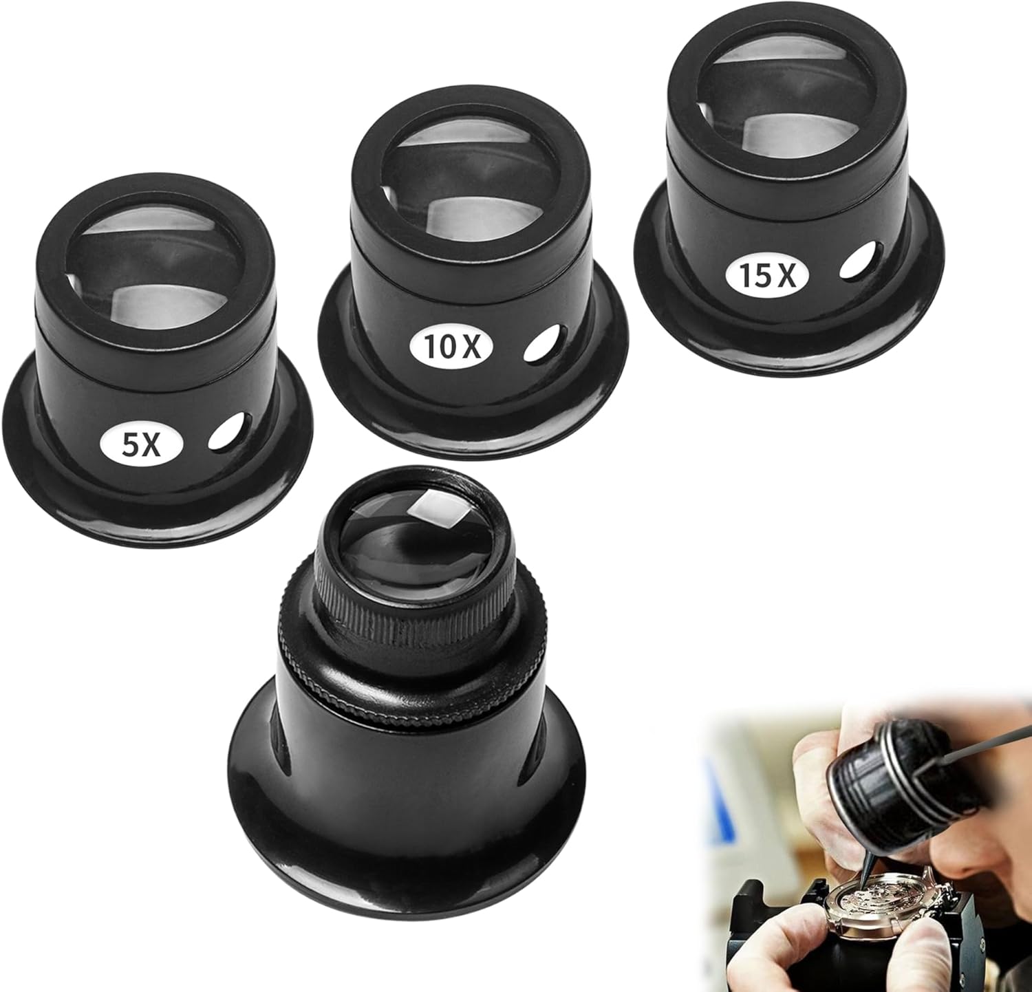 4Pcs Jewellers Loupe Black Jewelers Eyeglass Watchmakers Magnifying Glass Compact Loupes Magnifier Glass Eye for Watch Gems Diamond Rocks Stamps (5x 10x 15x 20x) Eye Loupe