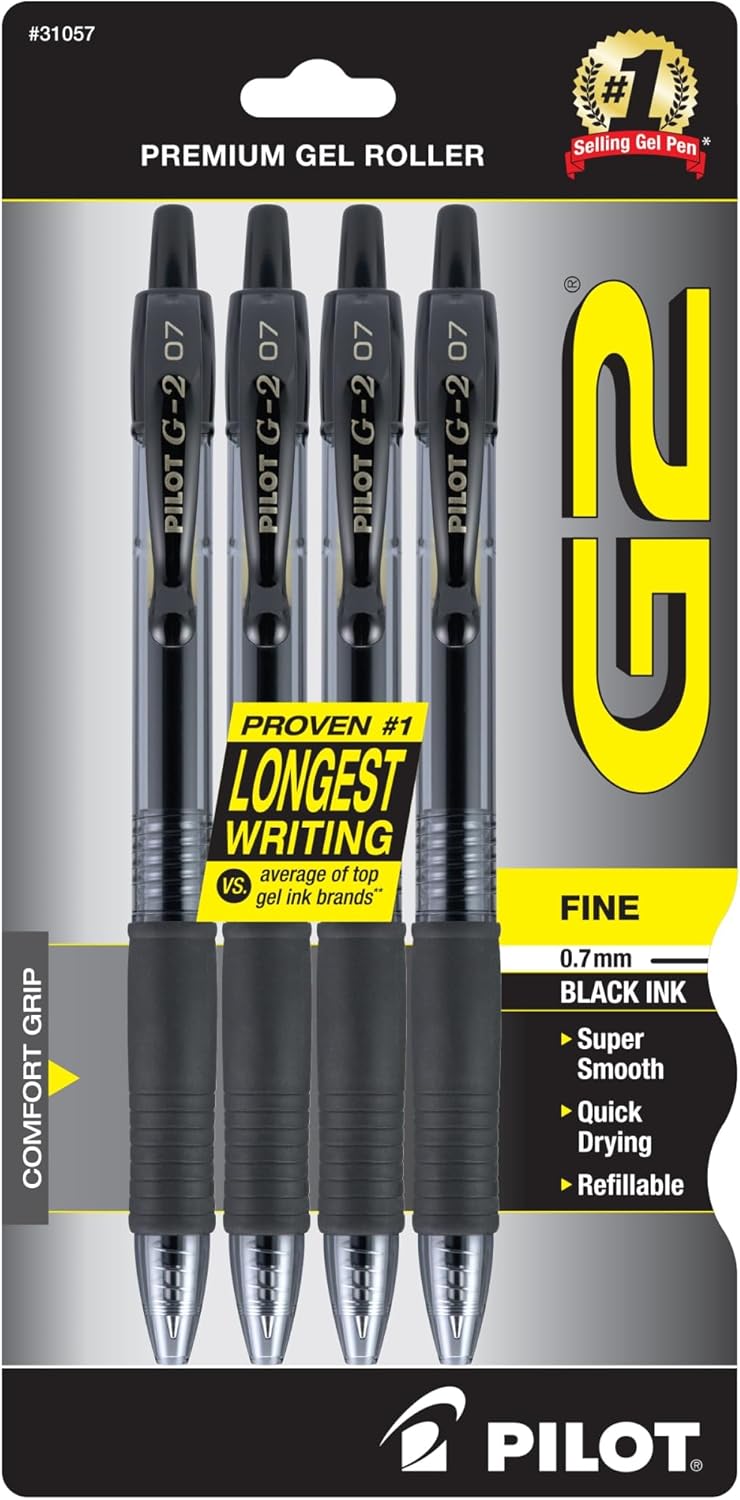 Pilot, G2 Premium Gel Roller Pens, Fine Point 0.7 mm, Black, Pack of 4