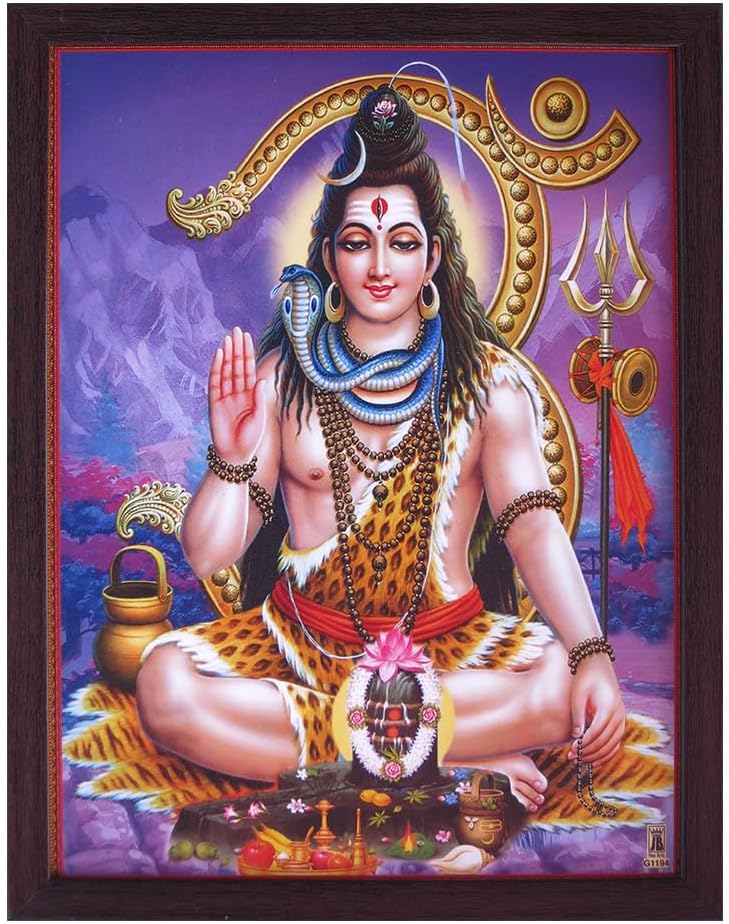 SANVIKA Lord Shiva Wall Poster, Indian God Wall Decor, Shiv Parvati Photo Framed For Home/Office, Hindu God Photos With Frames, (Shiva Sitting With Shivling 12" x 9")