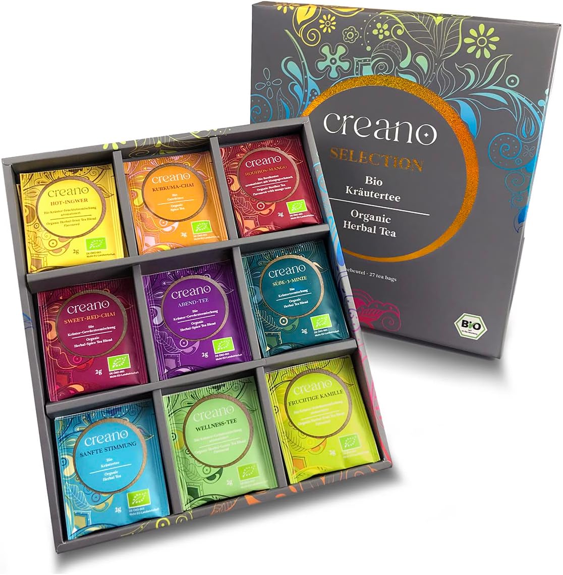 Creano Organic Herbal Tea Gift Set - 27 Organic Tea Bags in 9 Different Varieties - Tea Sampler - 54g*