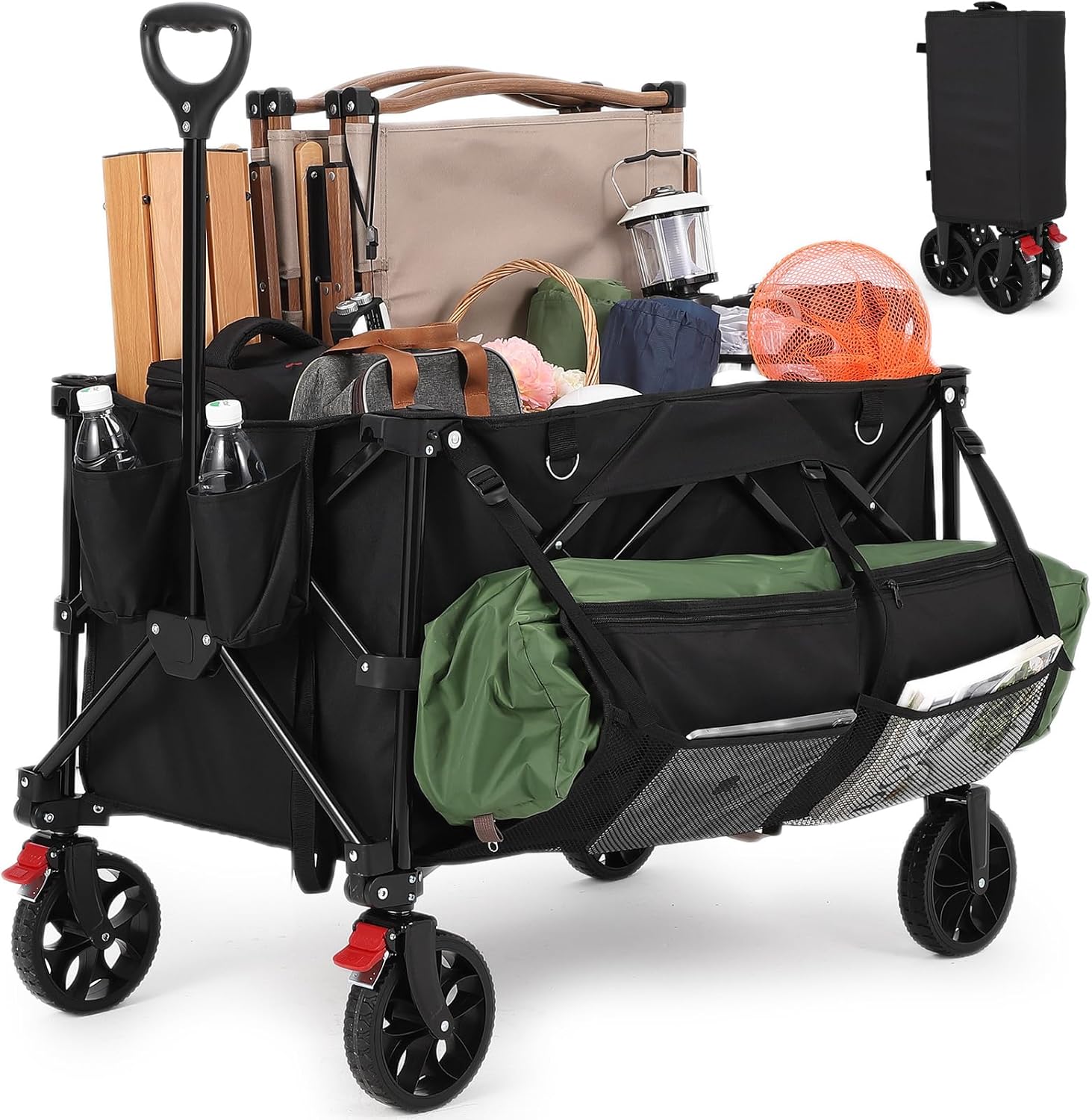 Aptliton Festival Trolley, 200L Folding Trolley Cart, 120kg Heavy Duty Pull Along Wagon with 3 Pockets for Outdoor Camping Beach Garden Picnic and Transport, Black