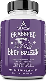 Ancestral Supplements Grass Fed Beef Spleen Supplement, 3000mg Beef Organ Spleen Support Formula Promotes Digestive, Immune, Iron, Energy and Allergy Health, Non GMO, 180 Capsules