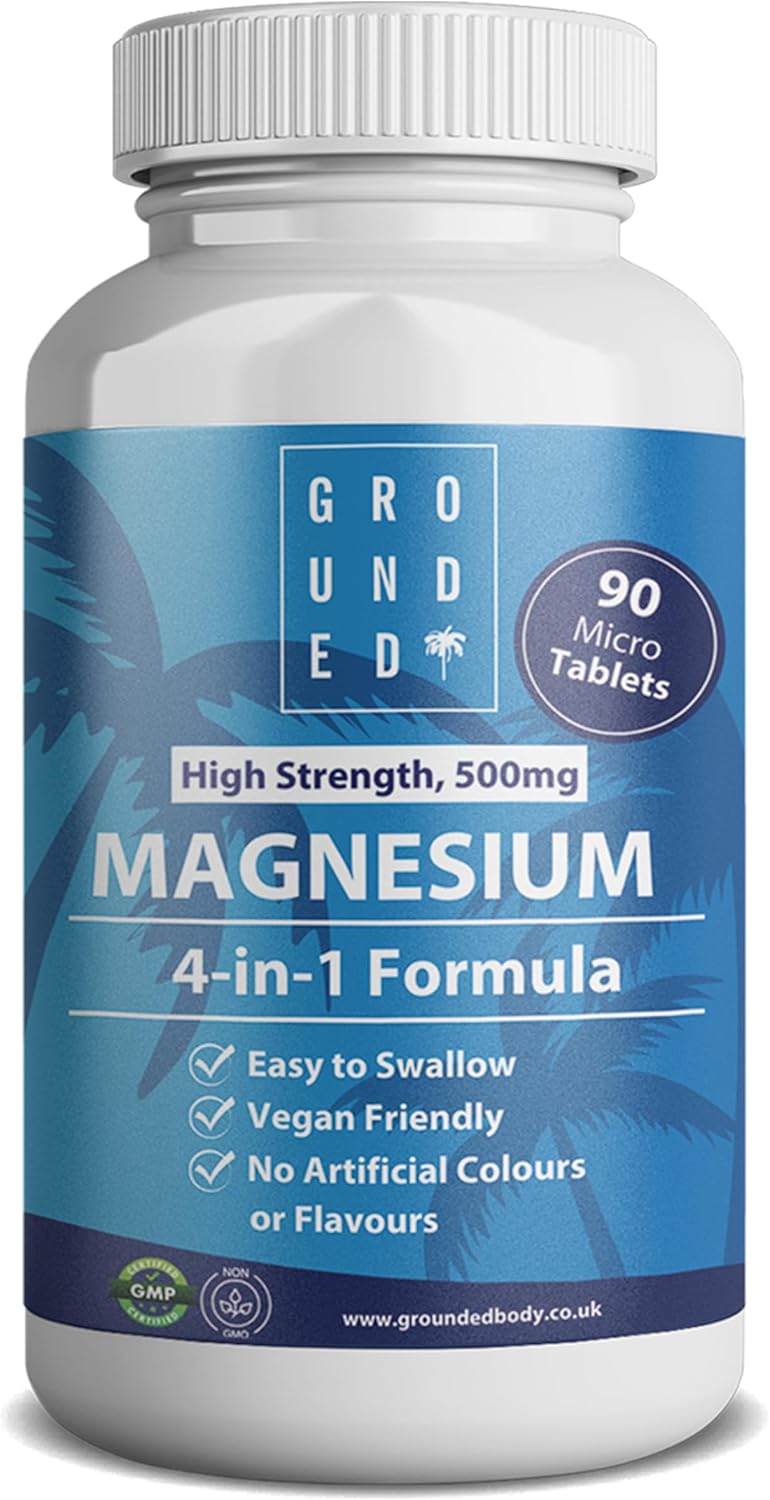 Grounded 500mg 4-in-1 Magnesium Micro Tablets with Magnesium Oxide, Chelate, Citrate & Glycinate - x90 Easy-to-Swallow, Vegan Supplement - Supports Sleep, Energy, Muscle Health & Relaxation, UK Made
