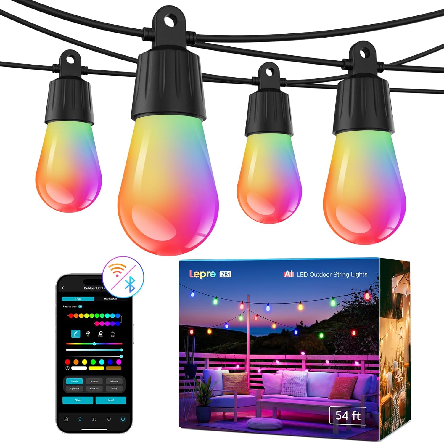 Lepro ZB1 AI Smart Outdoor String Lights APP Control, 54(42+12) ft RGB+IC+Warm White Outdoor Lights 15 LED Bulbs, Alexa Google Home Enable, AI Generated Lighting LLM, NO Remote 2.4 GHz WiFi+Bluetooth