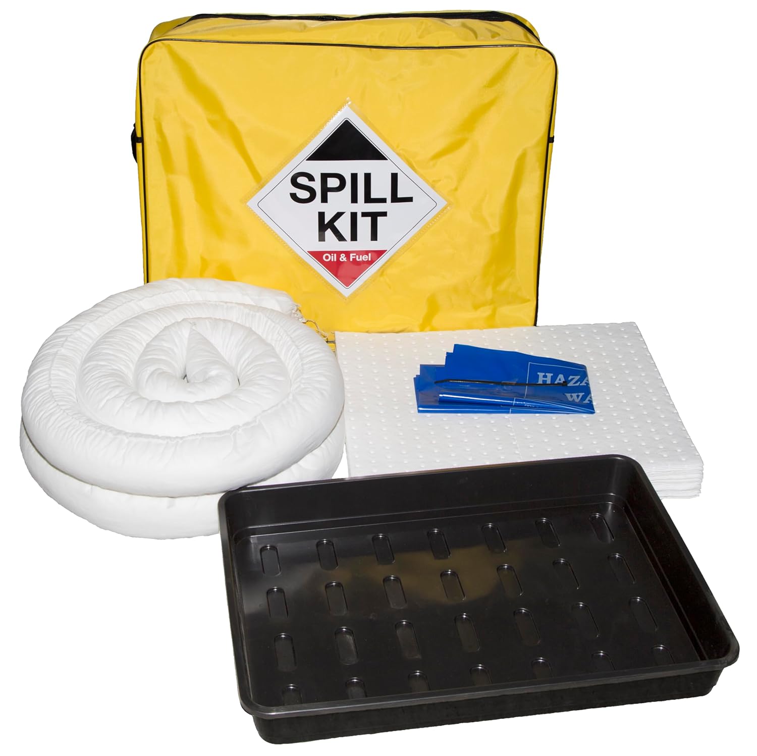 50 Litre Oil and Fuel Spill Kit in Yellow Shoulder Bag with Drip Tray | Portable Spill Response Kit with Absorbent Socks and Pads for Oil and Fuel Leaks