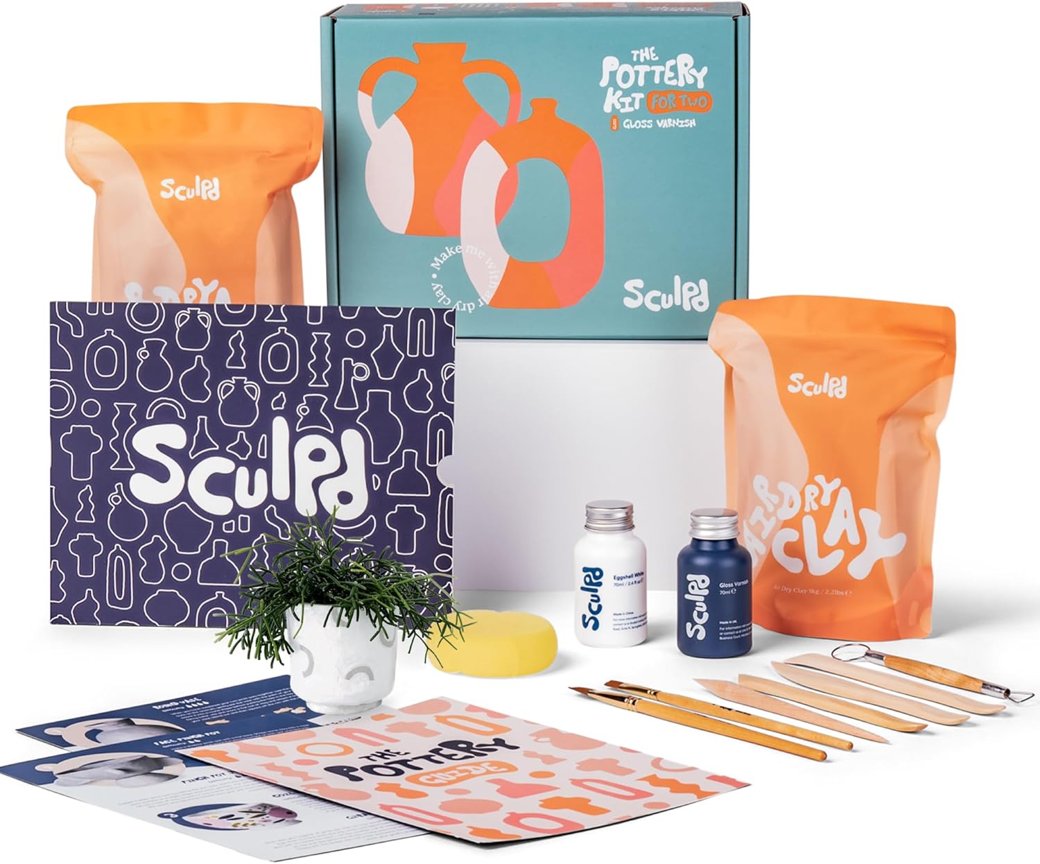 Sculpd - The Original Pottery Kit, Air Dry Clay Starter Kit for Beginners with Matte Varnish, Pottery Kit for Two Includes Paint, Tool Set, Paintbrushes, Sponge& Step-by-Step Guide,Clay Kit for Adults