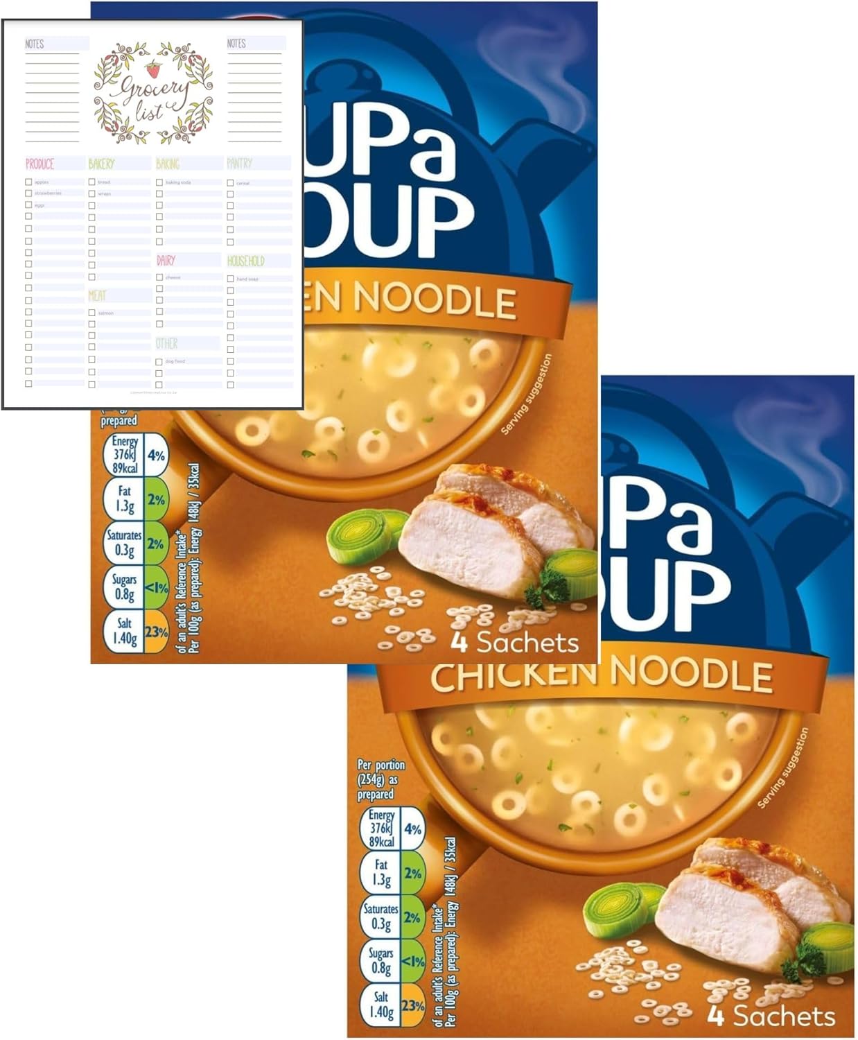 Cup a Soup Bundle With Batchelors Cup a Soup Chicken Noodle 4 Sachets 94g - Pack of 2 with Grocery List Card