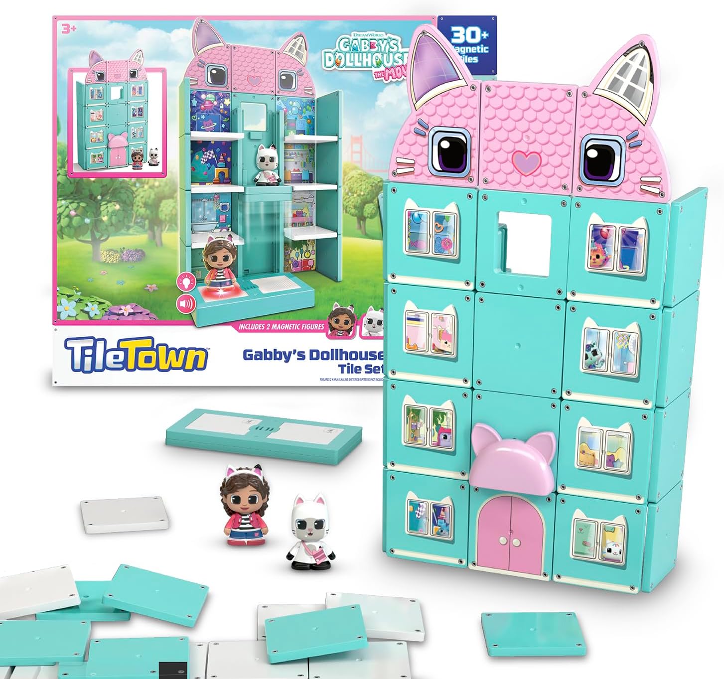 Tile Town Gabby’s Dollhouse 35-Piece Magnetic Tile Playset, Interactive STEM Magnetic Tiles Toys, Includes Gabby & Pandy Paws Figures, Action Tiles