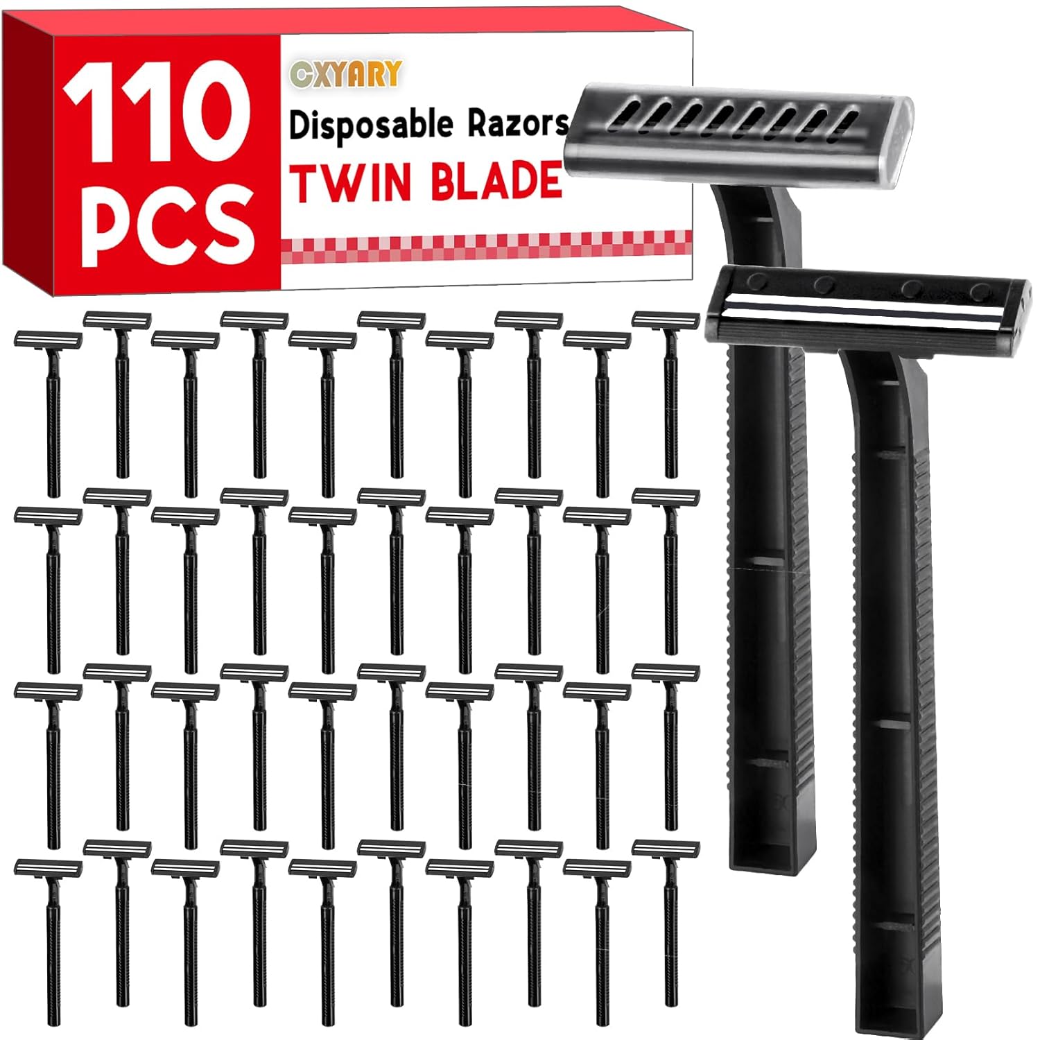 CXYARY 110 Pcs Twin Blade Disposable Razors With Clear Safety Cap, Shaving Razors Bulk for Men &Women, Stainless Steel Blade, Multipurpose Portable Shave Razor for Bathing Hotel Travel, Black