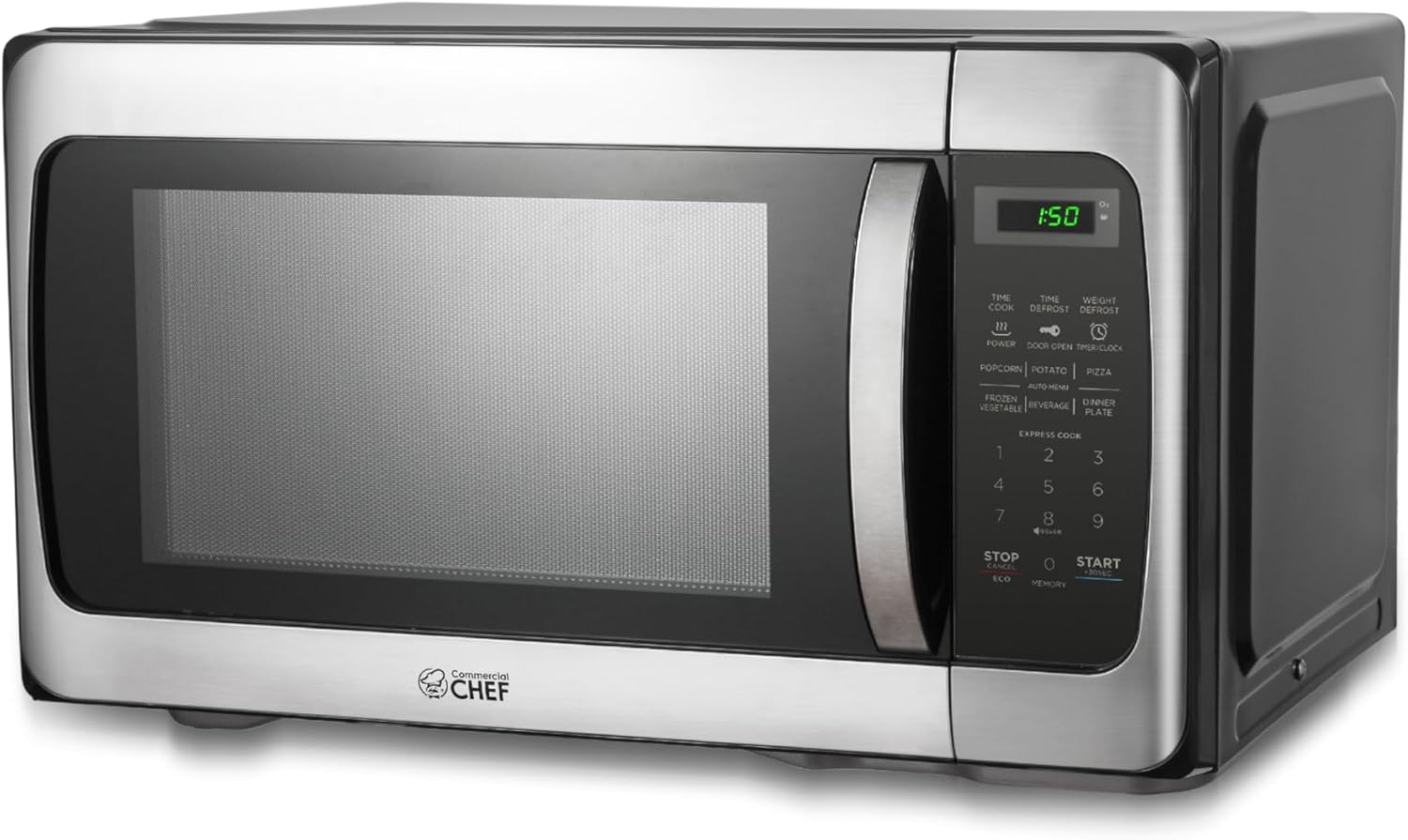 COMMERCIAL CHEF 1.1 Cu Ft Microwave with 10 Power Levels, Microwave 1000W with Push Button Door Lock, Countertop Microwave with Microwave Turntable and Digital Controls, Stainless Steel