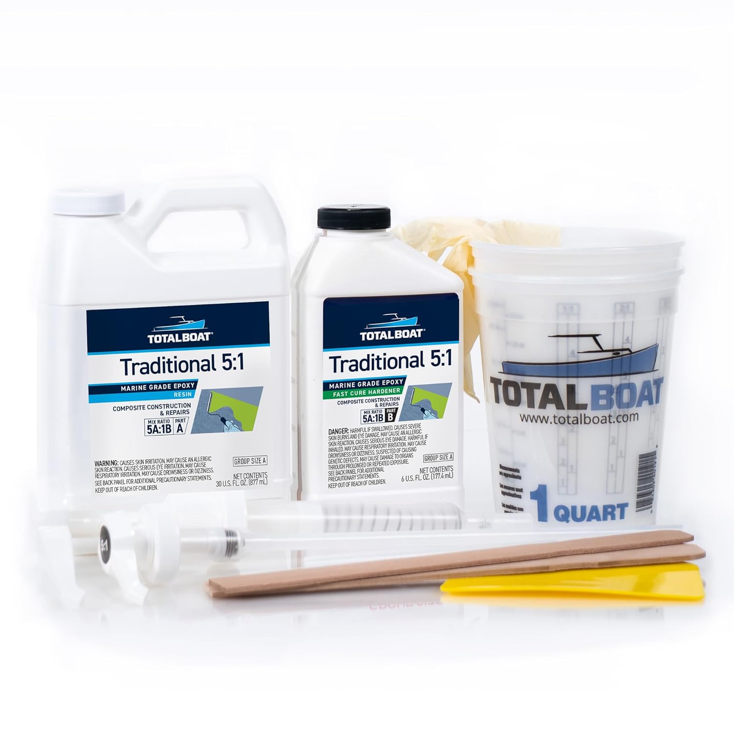 TotalBoat 5:1 Marine Epoxy Resin Kit for Bonding, Filleting, Coating, and Laminating - Use for Fiberglass, Wood, Carbon Fiber, Boat Building, Repairs, Woodworking (Quart, Fast Hardener, Pumps)