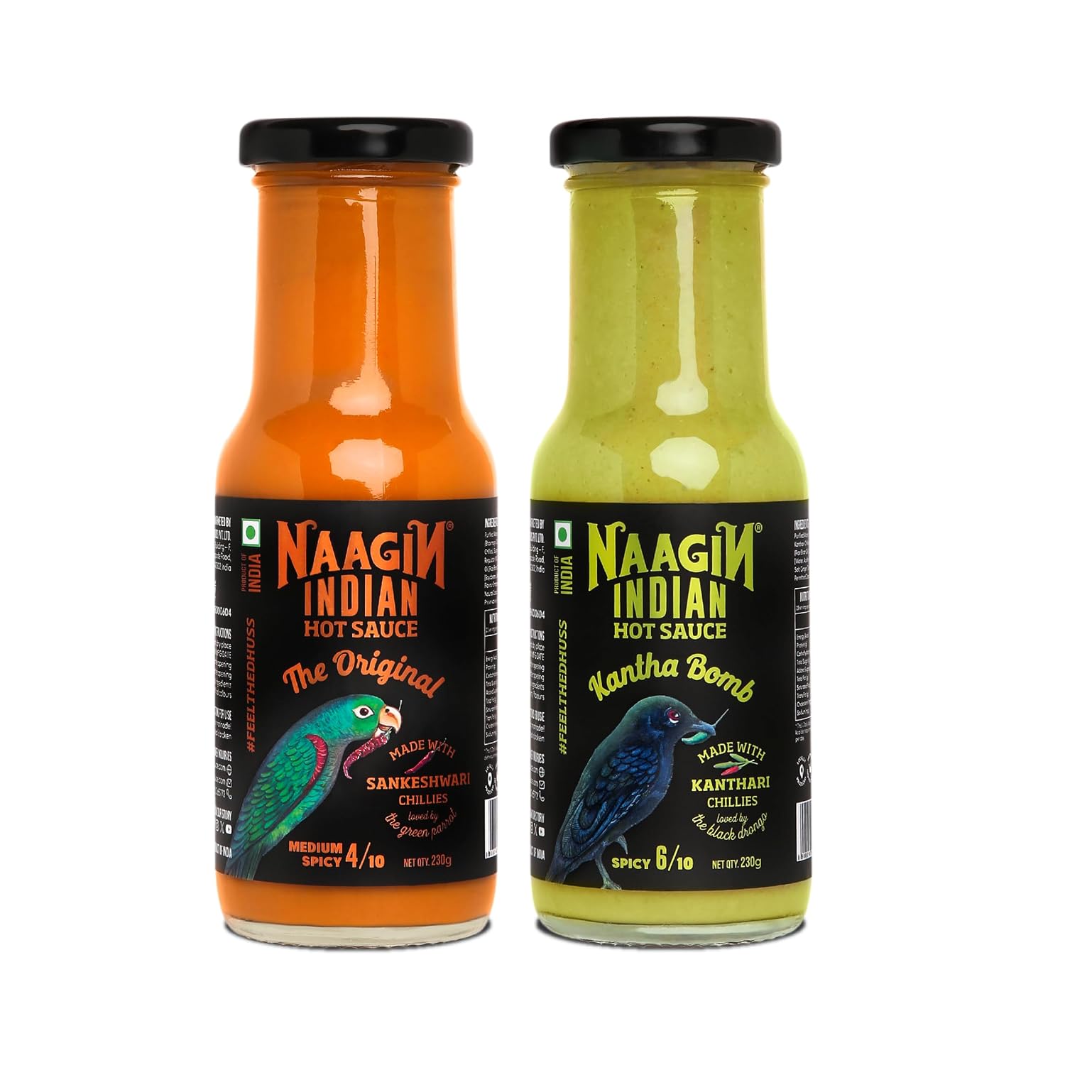 NAAGIN the original hot chilli - medium spicy sauce (230gm) + Kantha hot chilli extra spicy sauce (230gm), (Pack of Two)