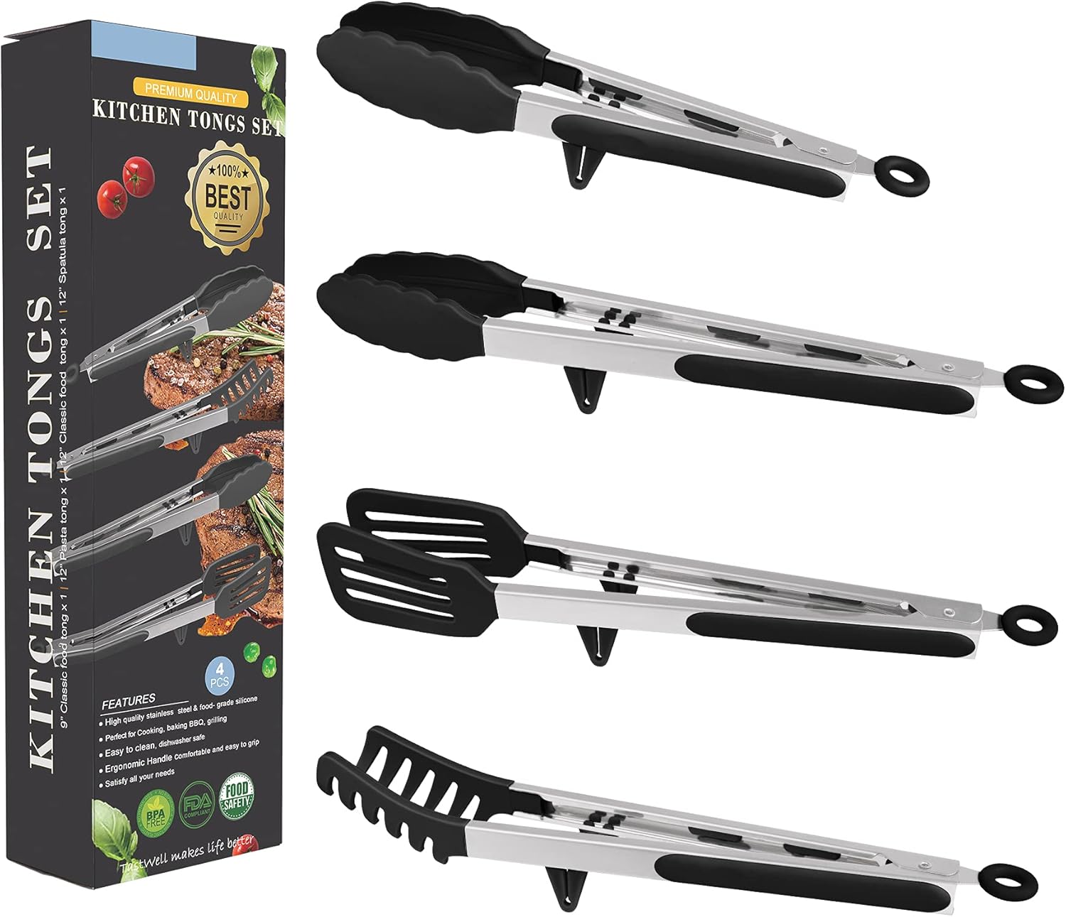 4in1 Stainless Steel Kitchen Food Tongs Set for Cooking with Silicone Tips, Toaster Steak Pie Pizza Pasta Spaghetti Noodles Salad Fruit Vegetable Grill BBQ Buffet Clamp Serving Tools Gadgets