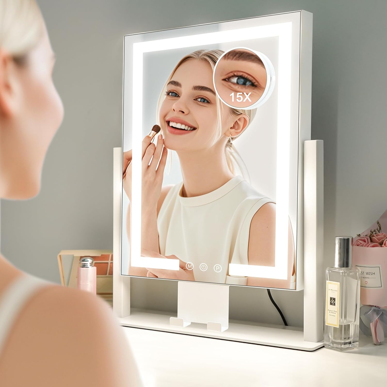 Makeup Mirror with Lights, Hollywood Vanity Mirror with Lights, 3 Color Lighting Modes, Detachable 15X Magnification Mirror, Smart Touch Control, 360 Rotation, Gifts for Girls/Women (White)