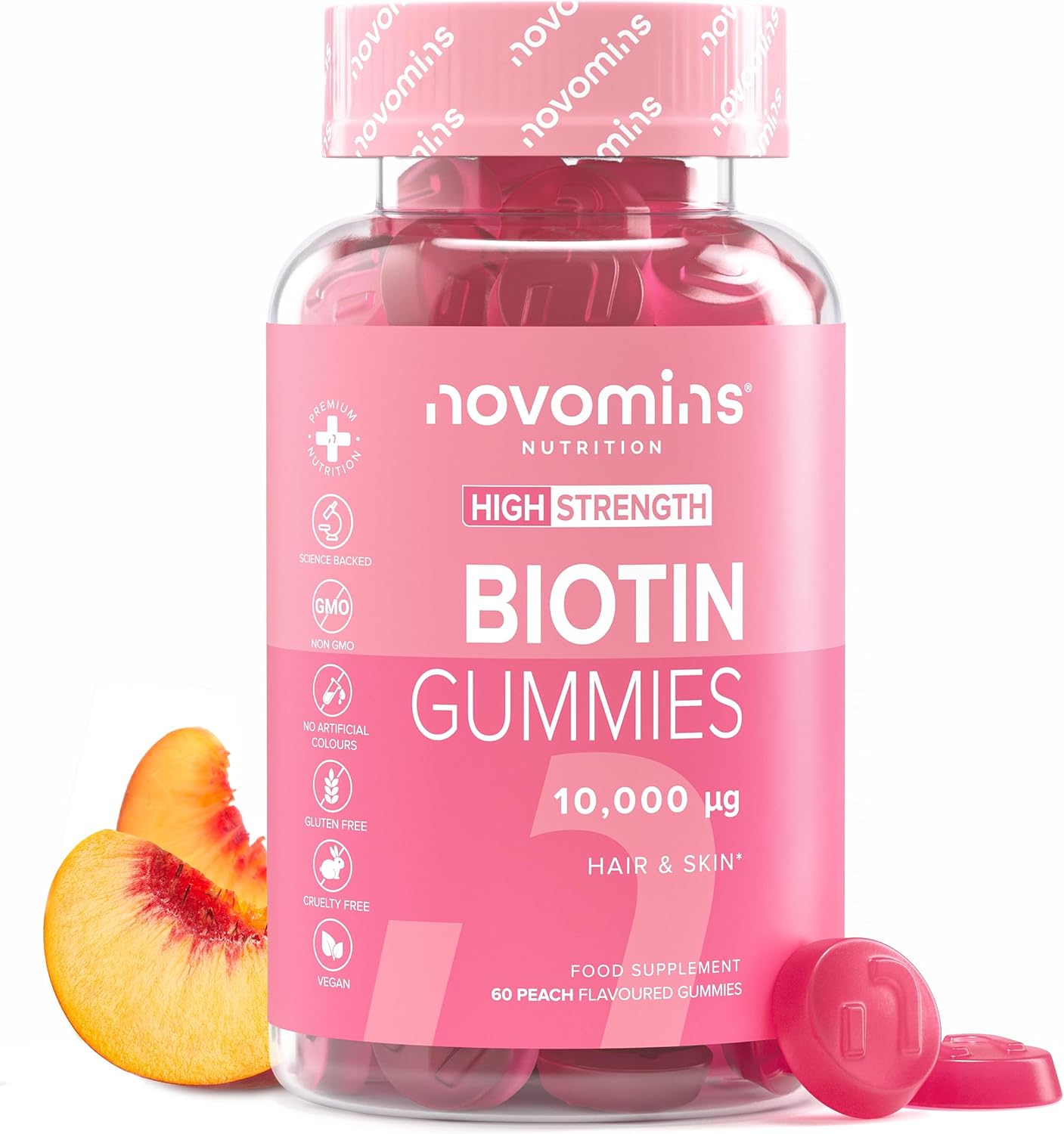 Biotin Gummies - 10,000 mcg - 60-Day Supply - Hair Vitamins –- Vegan - Chewable Hair Vitamins – Anti Hair Loss and Thinning Supplement – Hair Gummies for Hair Growth - Made by Novomins