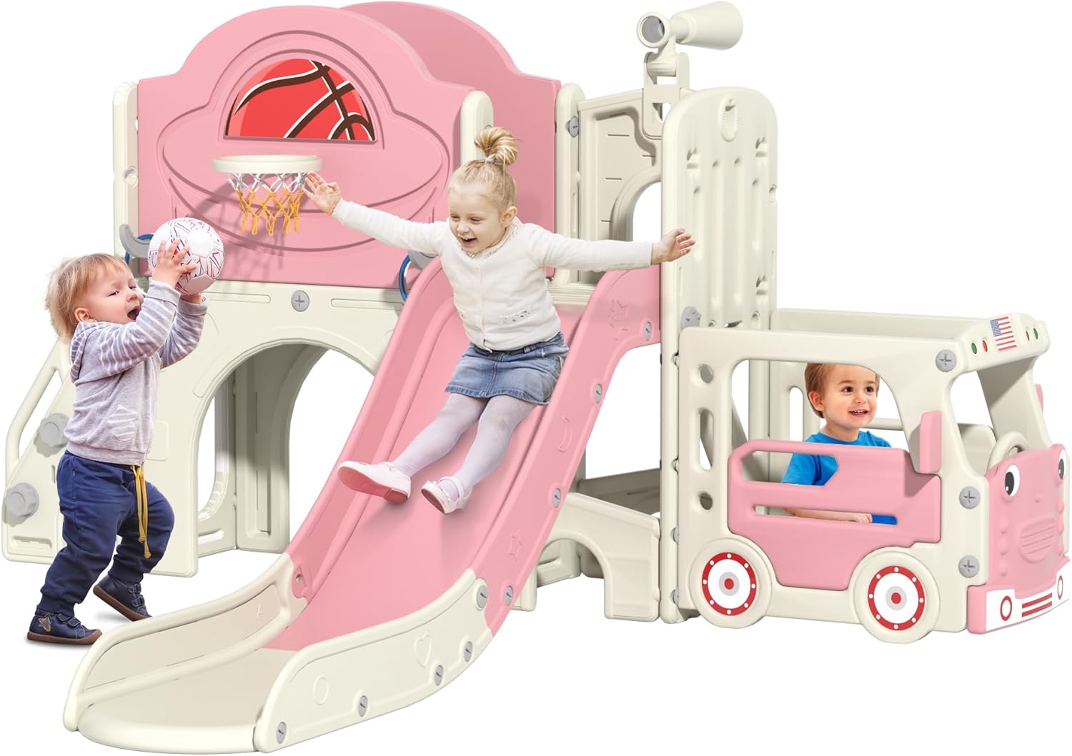 9 in 1 Toddler Slide, Bus-Themed Kids Slide and Climber Playset with Basketball Hoop, Ring-Toss, Car Playhouse, Telescope, Freestanding Indoor and Outdoor Playground for Baby Age 3+