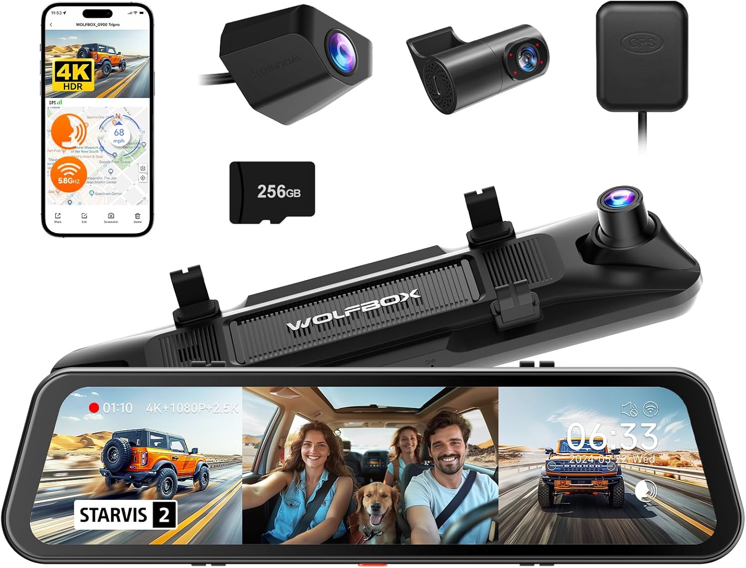 WOLFBOX G900 Tripro Cabin Version 3 Channel 4K Rear View Mirror Camera, STARVIS 2 IMX678 Night Vision,4K+1080P+2.5K Front Inside and Rear Mirror Dash Cam,5.8GHz WiFi,Voice Control,Includes 256GB Card