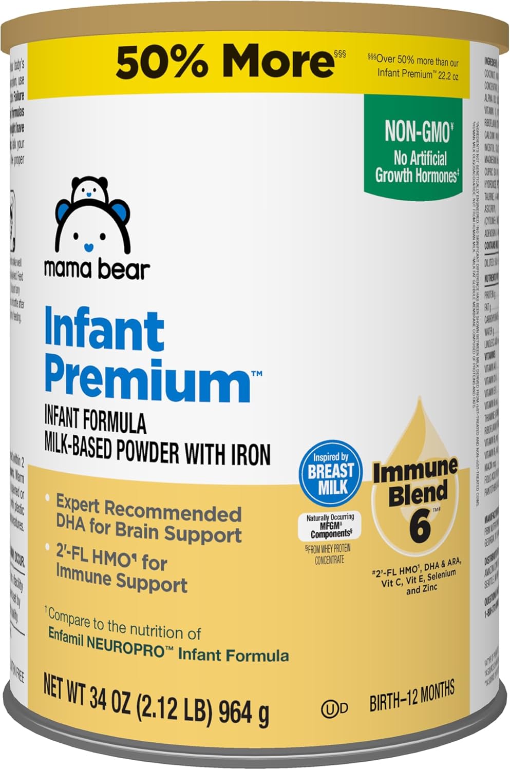 Amazon Brand - Mama Bear Infant Premium Milk-Based Baby Formula Powder with Iron, 2'FL HMO, Omega-3 DHA and Choline, Brain, Growth, Immunity, Non-GMO, 2.12 pound (Pack of 1)
